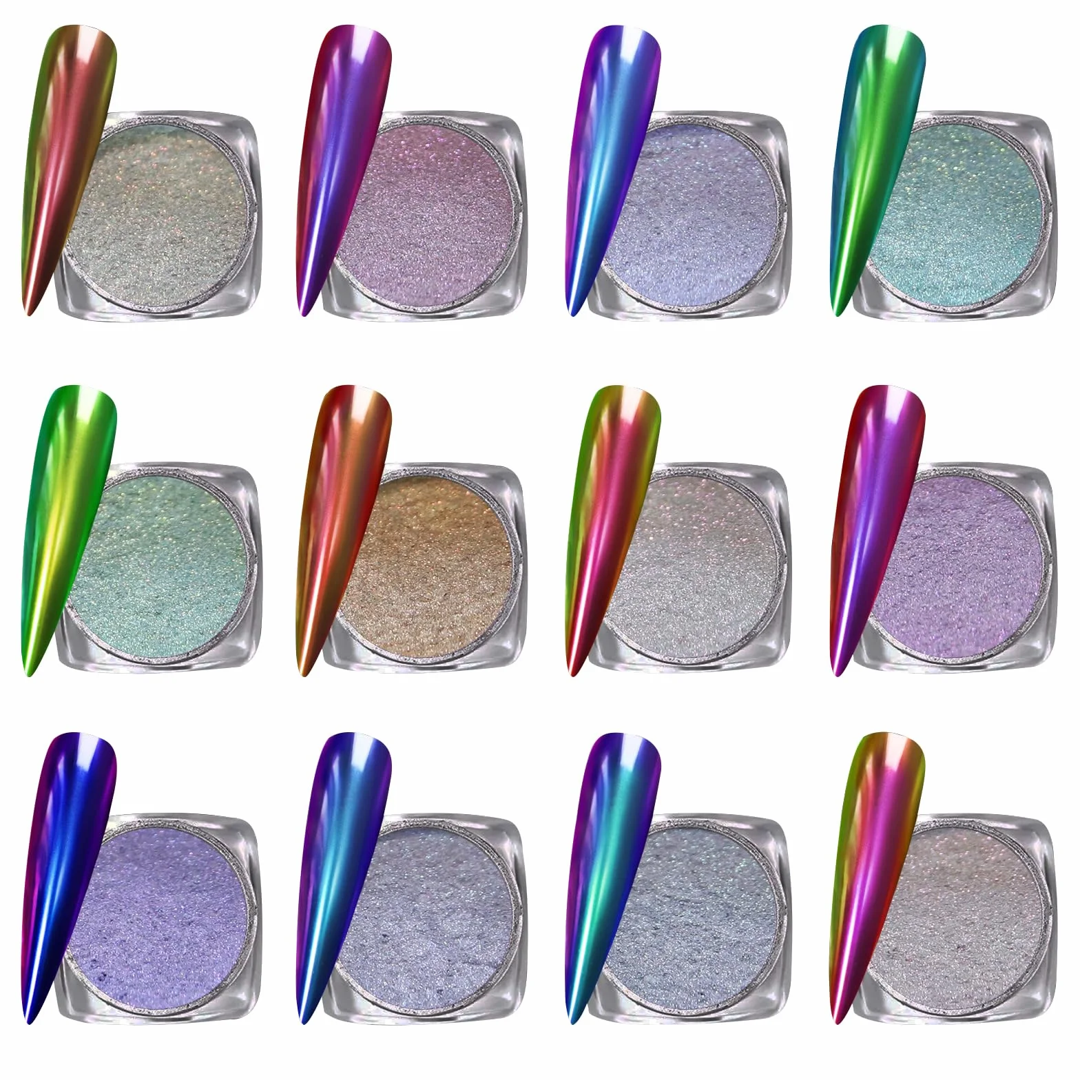 RoseFlower Poudre Chrome Ongle, 12 Couleurs Effet Miroir Holographique Aurora Chameleon Poudre à Paillettes Métalliques pour Ongles, Paillettes pour Nail Art à la Maison, Manucure DIY