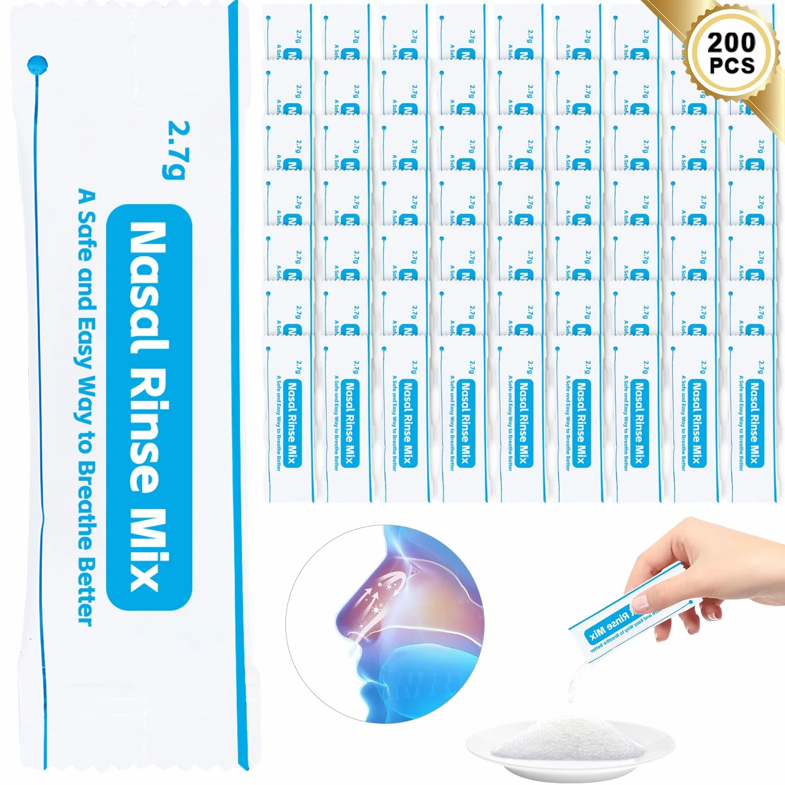 200 Petits Sacs Sachets Sel Nasal, 2.7g Sachets De Douche Nasale, Sachets De Sels De Rinçage Des Sinus Pour Rinçage Nasal Pour Douche Nasale, Kit Sinus Rinse, Irrigation Nasale