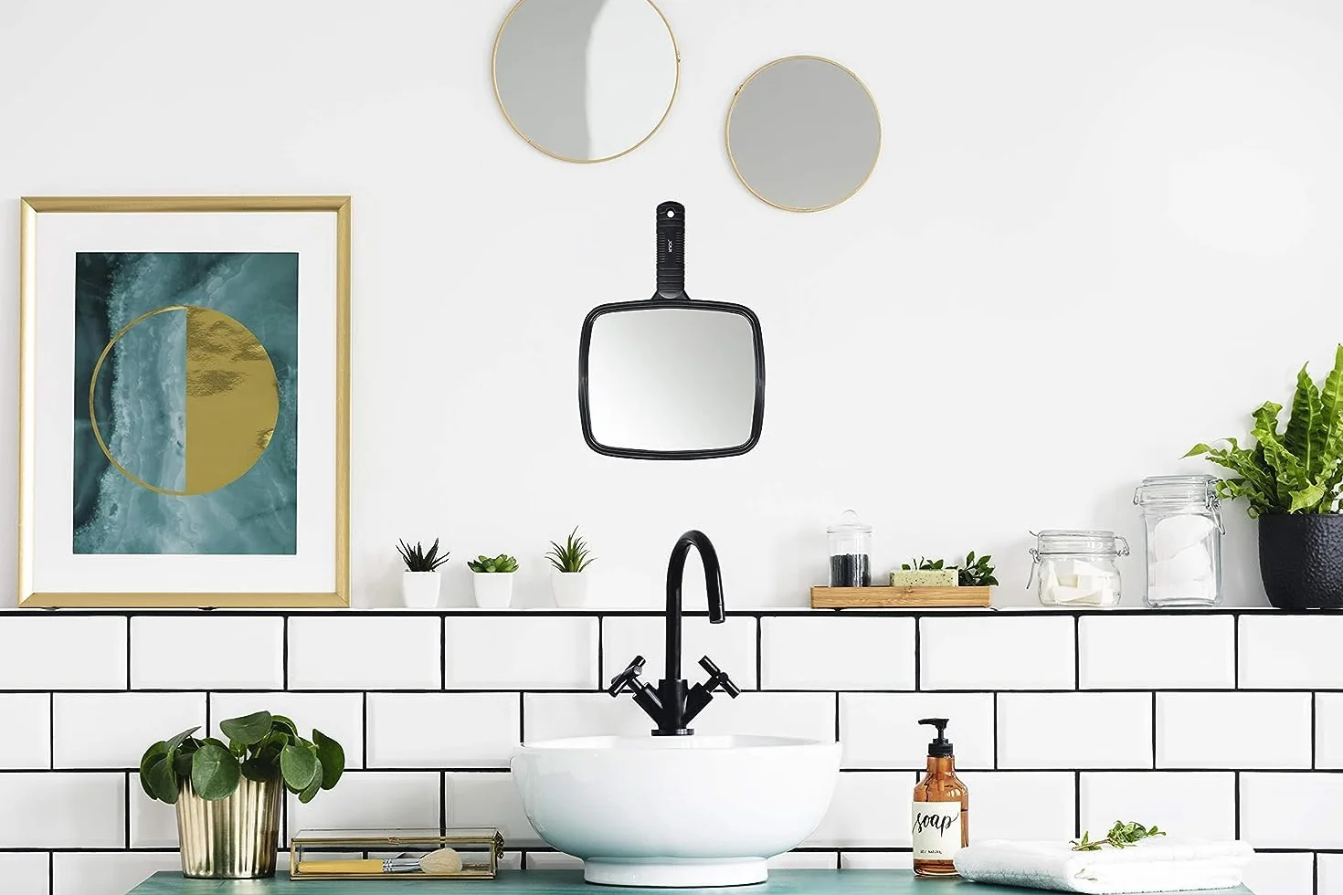 Miroir à Main Professionnel avec Poignée, Miroir Maquillage Ovale Portable 20.1x31cm Noir