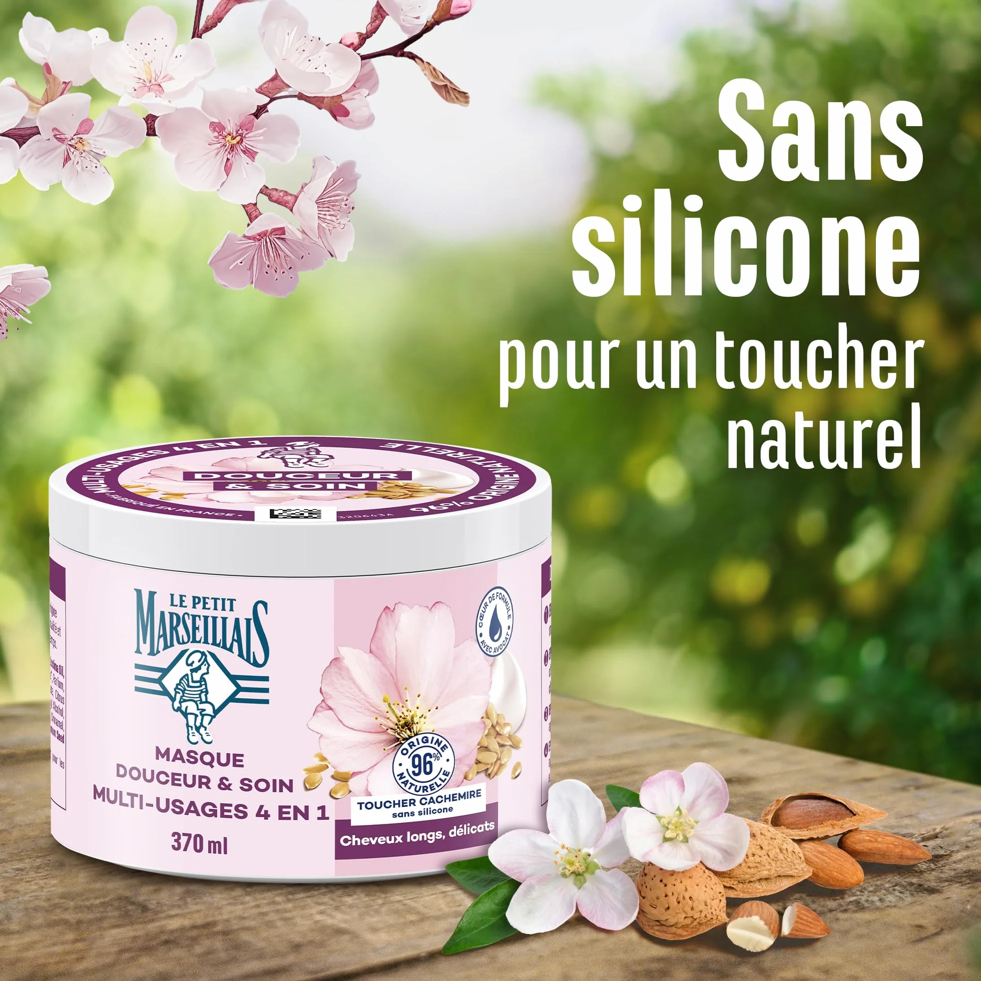 Le Petit Marseillais Masque Douceur et Soin Multi-Usage 4 en 1 Lait d'Amande et Lin Bio 370 Ml Masque Cheveux sans Silicone