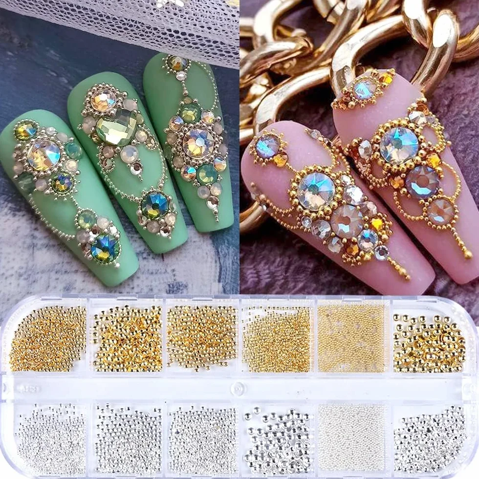 Blanc Perles Ongles Demi Rond Bijoux Nail Art Strass Accessoires Or Argent Mini