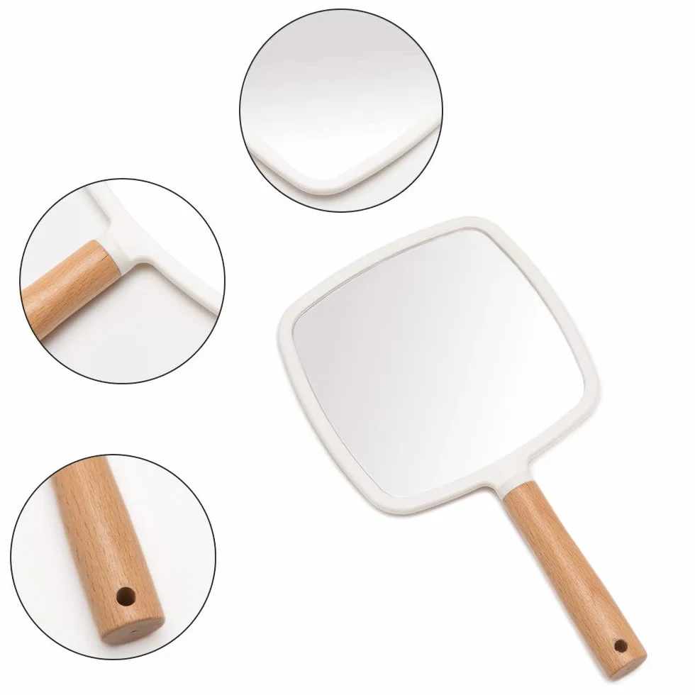 YEAKE Miroir à main en bois avec poignée pour maquillage rasage, miroir de courtoisie portable unilatéral carré