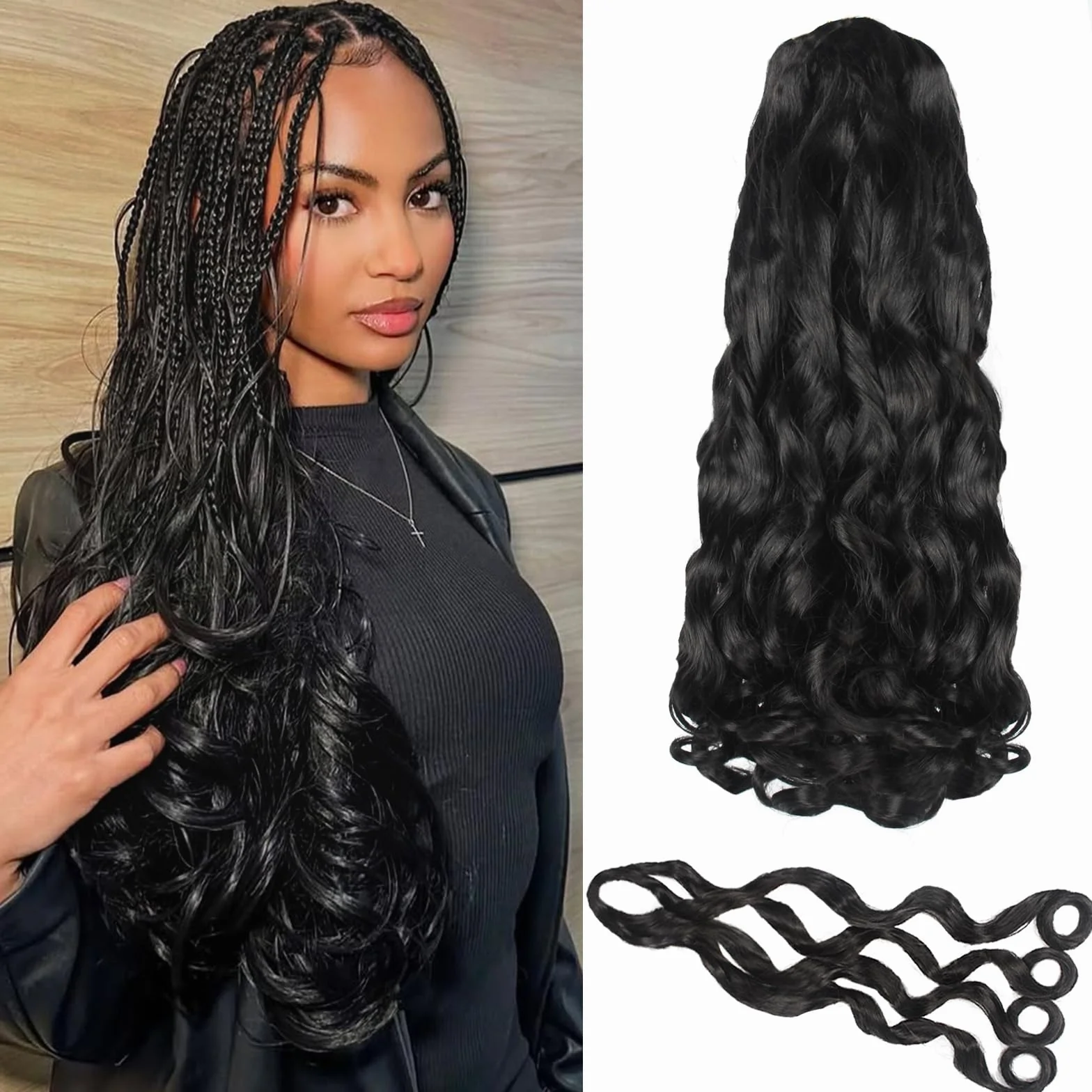 French Curl Braiding Hair 8 Packs 24 Inch Pre Stretched French Curl Braids Loose Wavy Spanish Curly Hair Ends Synthetic Crochet Braids Hair Extensions for Women (8 Packs, 24 Inch, 1B#)