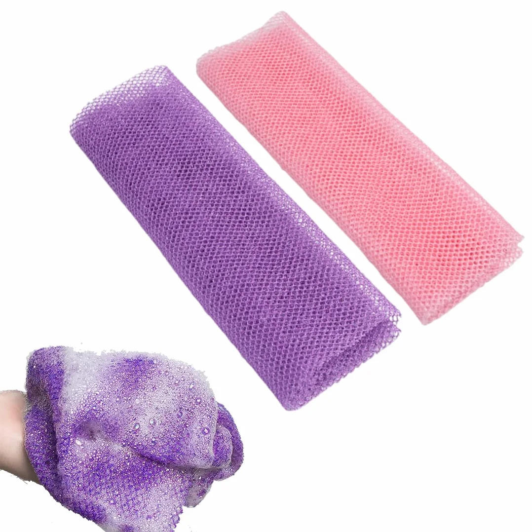 Filets Exfoliants pour le Corps 2 Pièces Éponge Douche Nylon Maille 20x65cm Rose et Violet