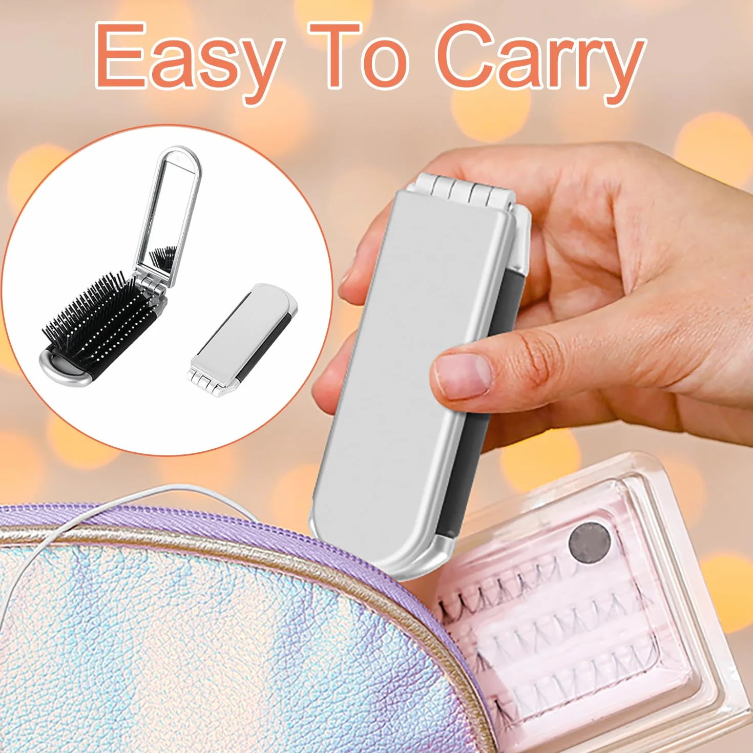 Brosse à Cheveux Pliable avec Miroir de Voyage Argent