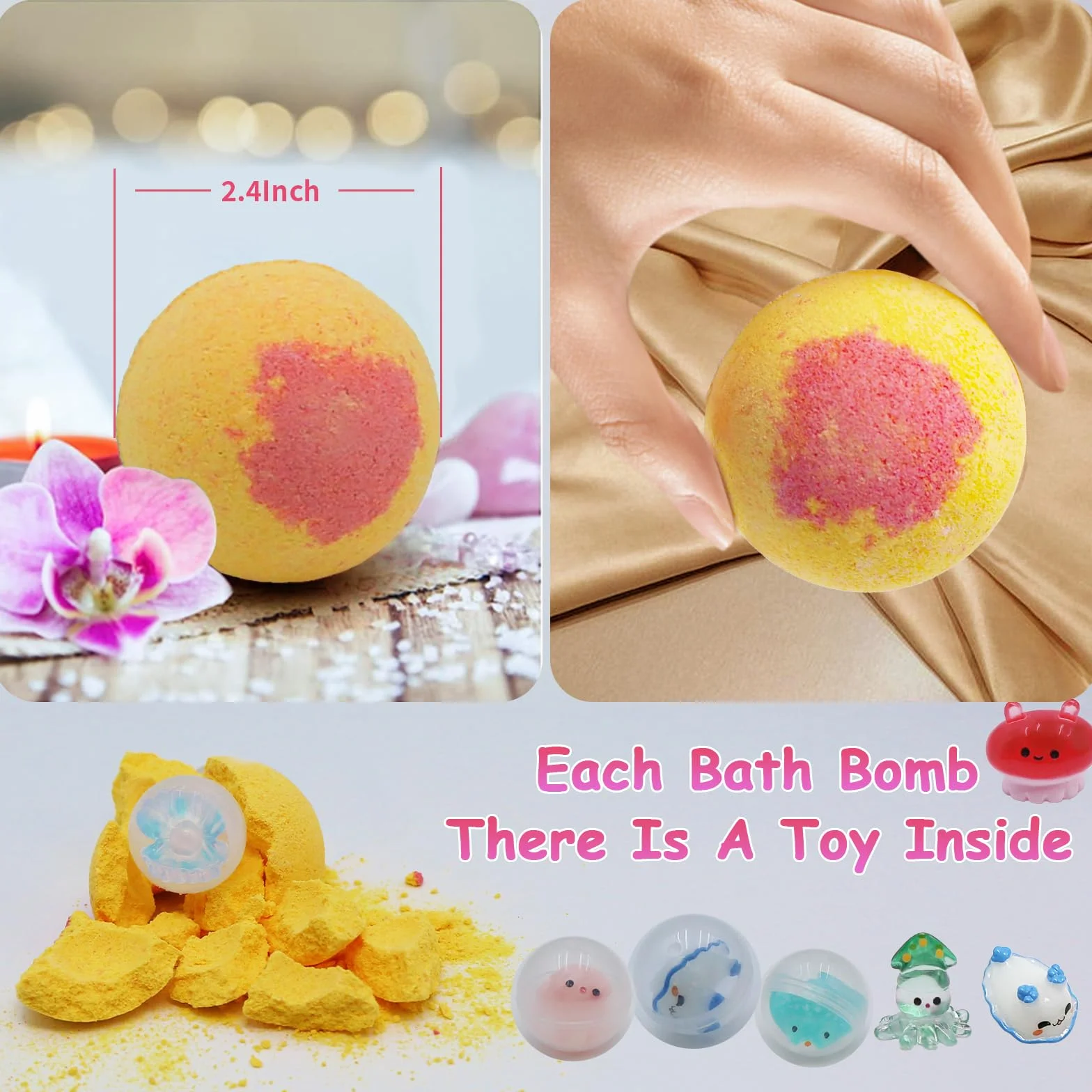 Bombes de bain avec jouet surprise à l'intérieur, ingrédients biologiques et entièrement naturels, bombes de bain pétillantes, idéal pour anniversaire, Pâques, pour garçons et filles