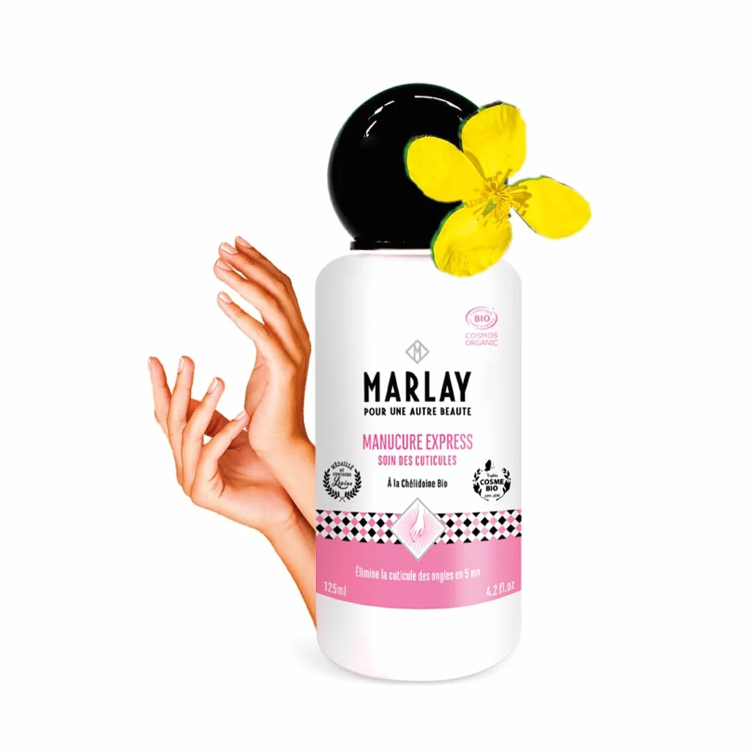 Marlay Cosmetics - Lotion Manucure Express 125 ml - Soin Bio Mains & Ongles - Dissout Cuticules & Peaux Mortes en 5mn - Eau Emolliente - 99% Origine Naturelle - Yuka 86/100 - Fabriqué en France