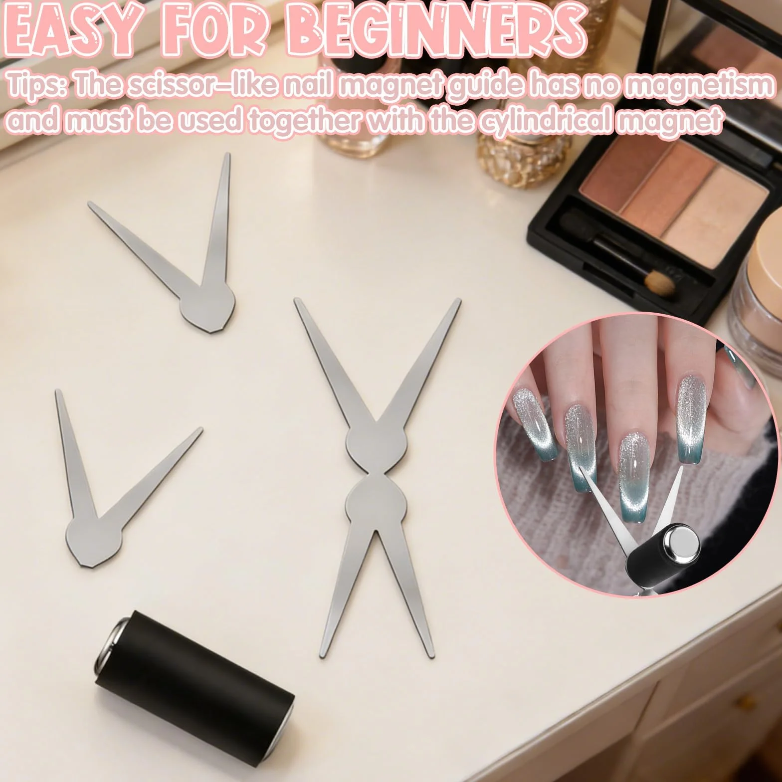 Kit de 8 aimants French Cat Eye, kit de nail art 3 en 1 avec ciseaux et aimants cylindriques pour vernis gel