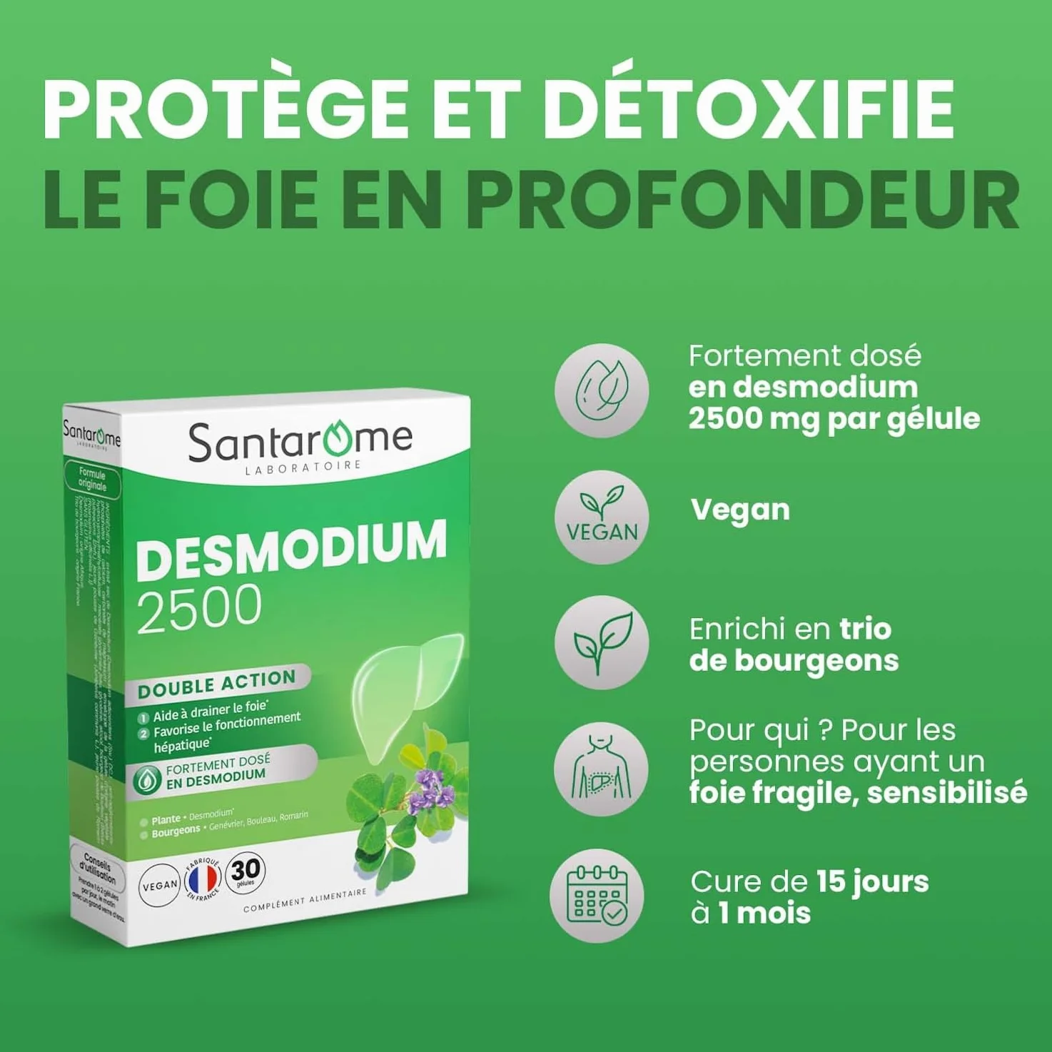 Santarome Bio Desmodium 2500 Complément Alimentaire Détoxifiant du Foie 30 Gélules Végan Made In France