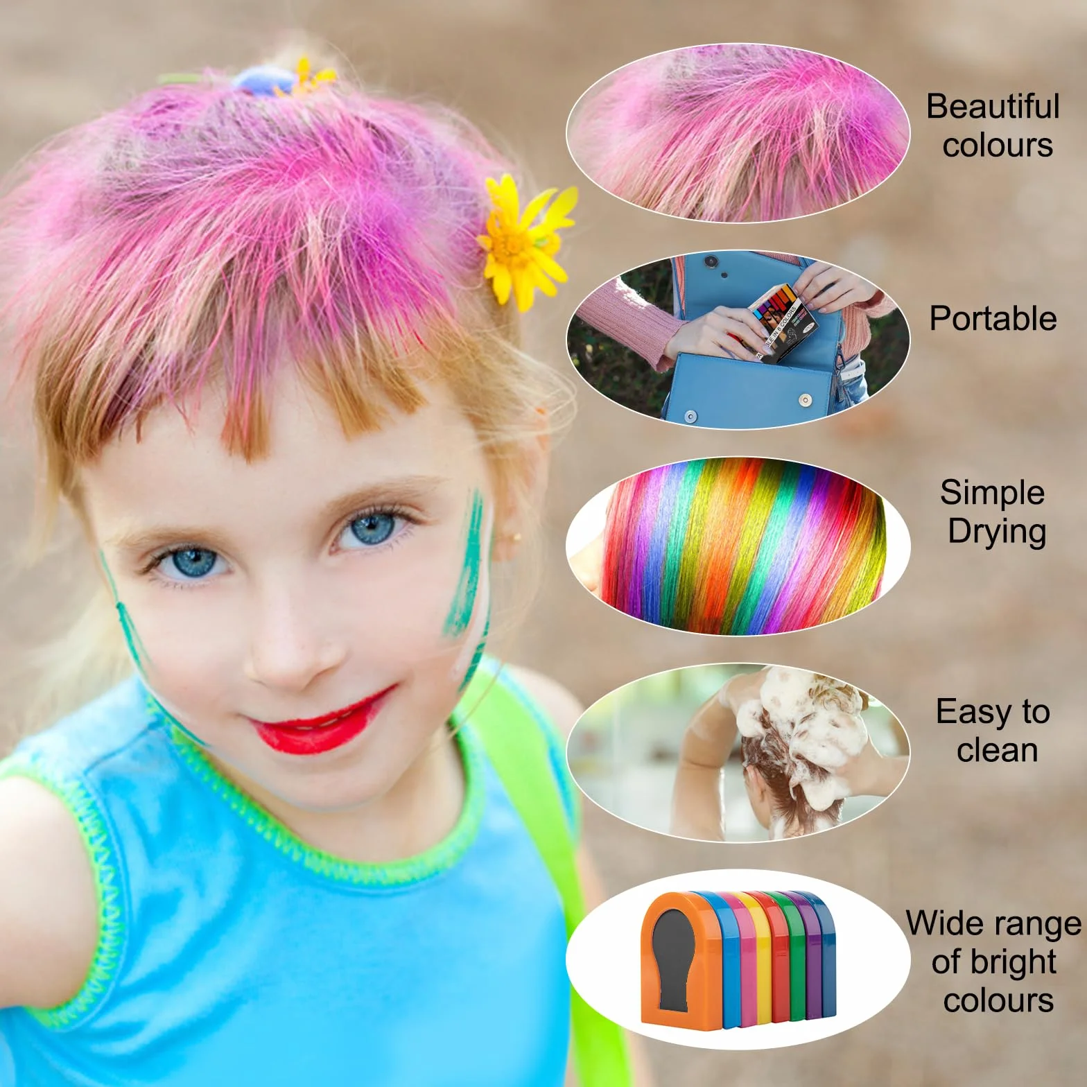 TNSLAND Coloration Temporaire Cheveux 8 Couleurs Craie Cheveux Lavable Maquillage Fête