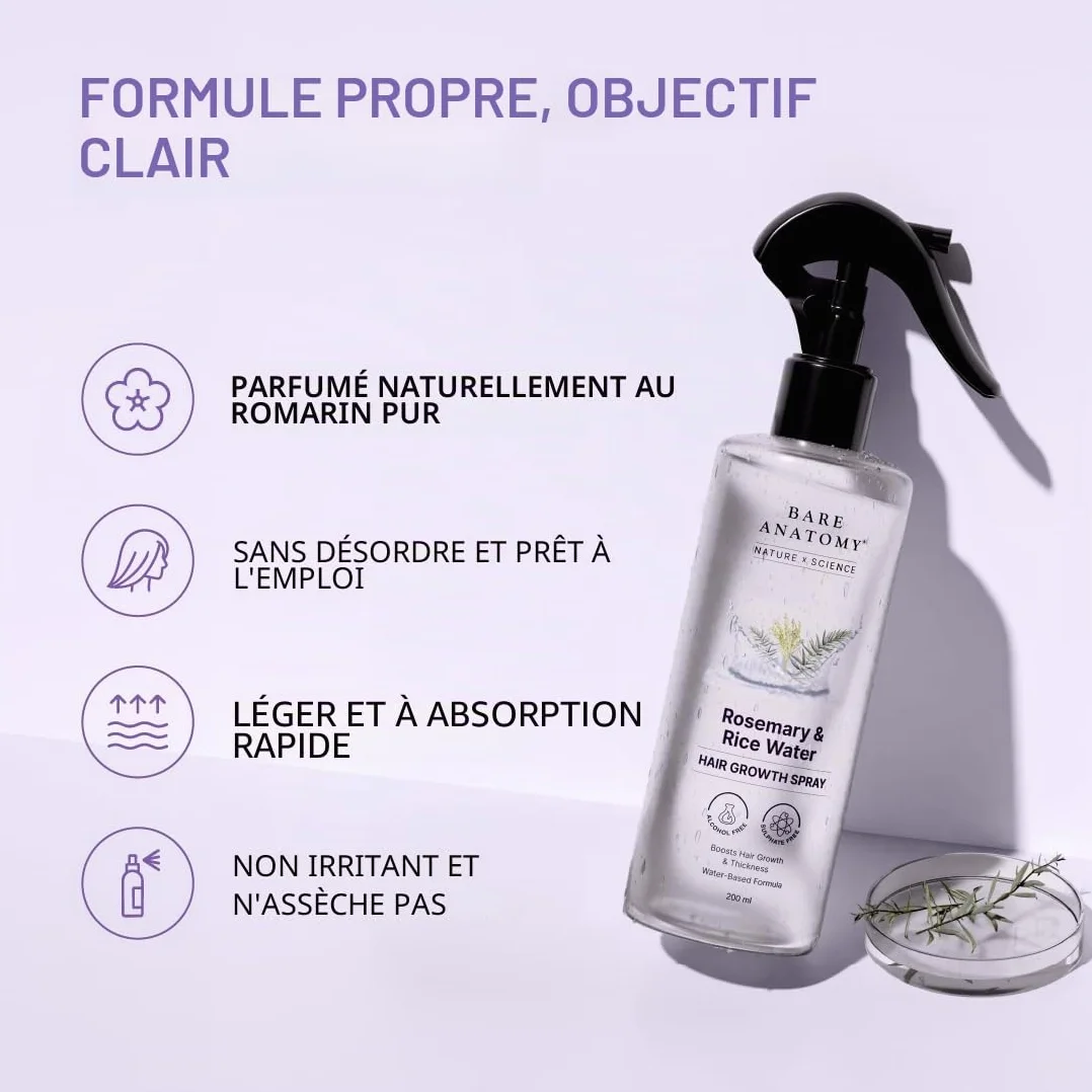 Bare Anatomy Nature x Science Vaporisateur d'eau de romarin croissance cheveux eau de riz 100% naturel