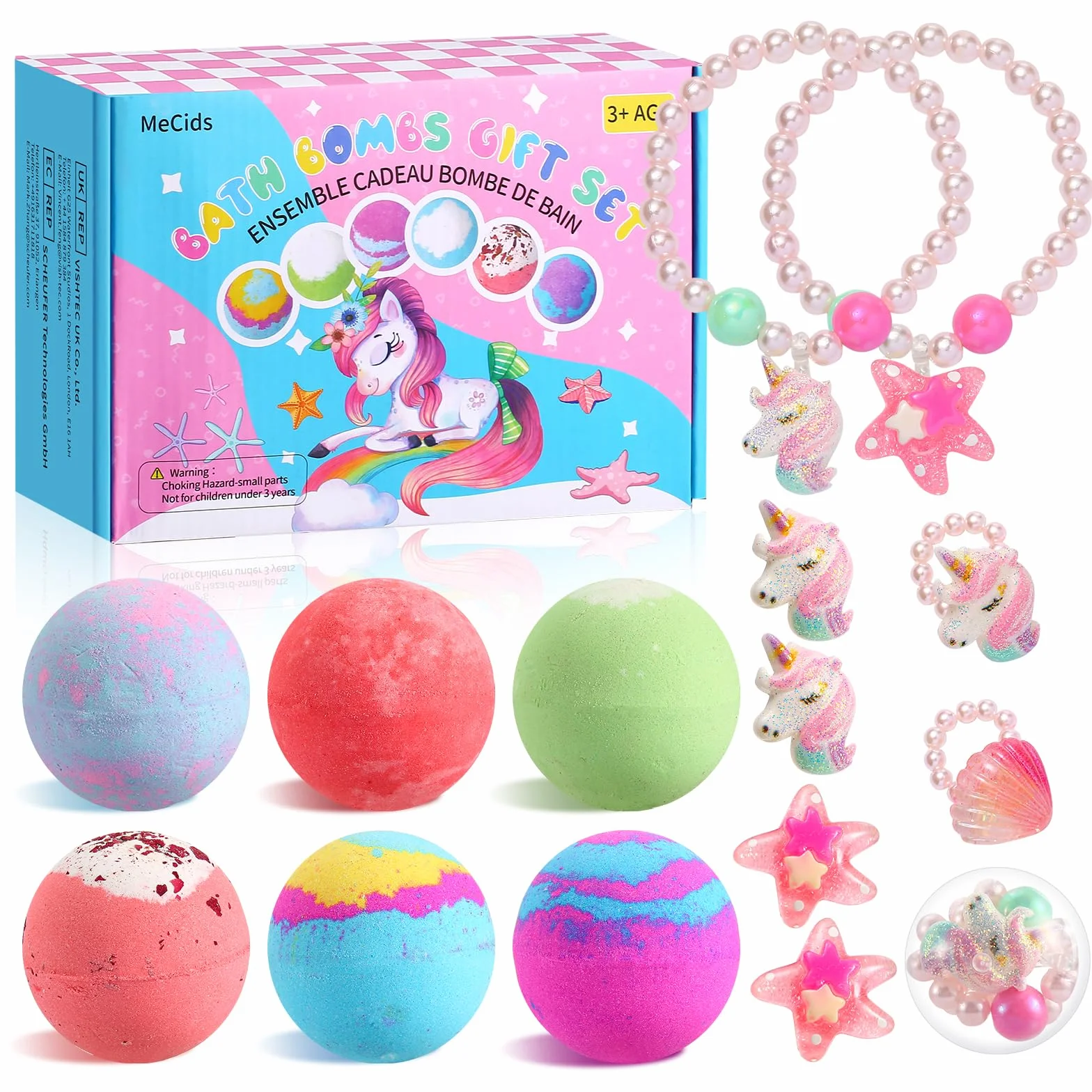 MeCids Lot de 6 bombes de bain bio pour enfants avec jouet surprise à l'intérieur, bracelets et bagues, kit de bombes de bain à bulles pour fille anniversaire et Noël