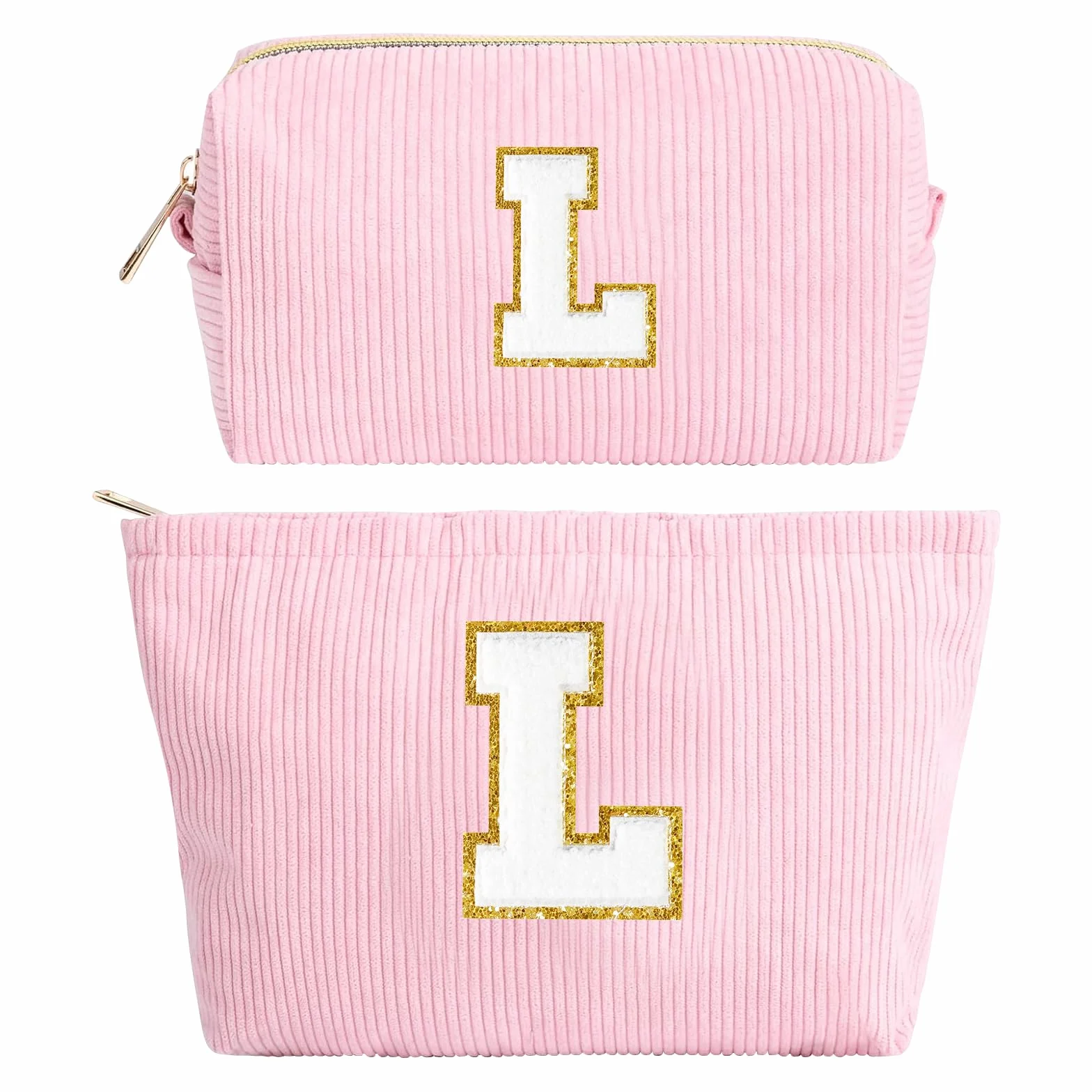 Pochette Cosmétique Rose en Velours Côtelé avec Initiales, Sac à Cosmétiques Grande Capacité Trousse de Toilette de Voyage pour Femmes Filles Cadeaux