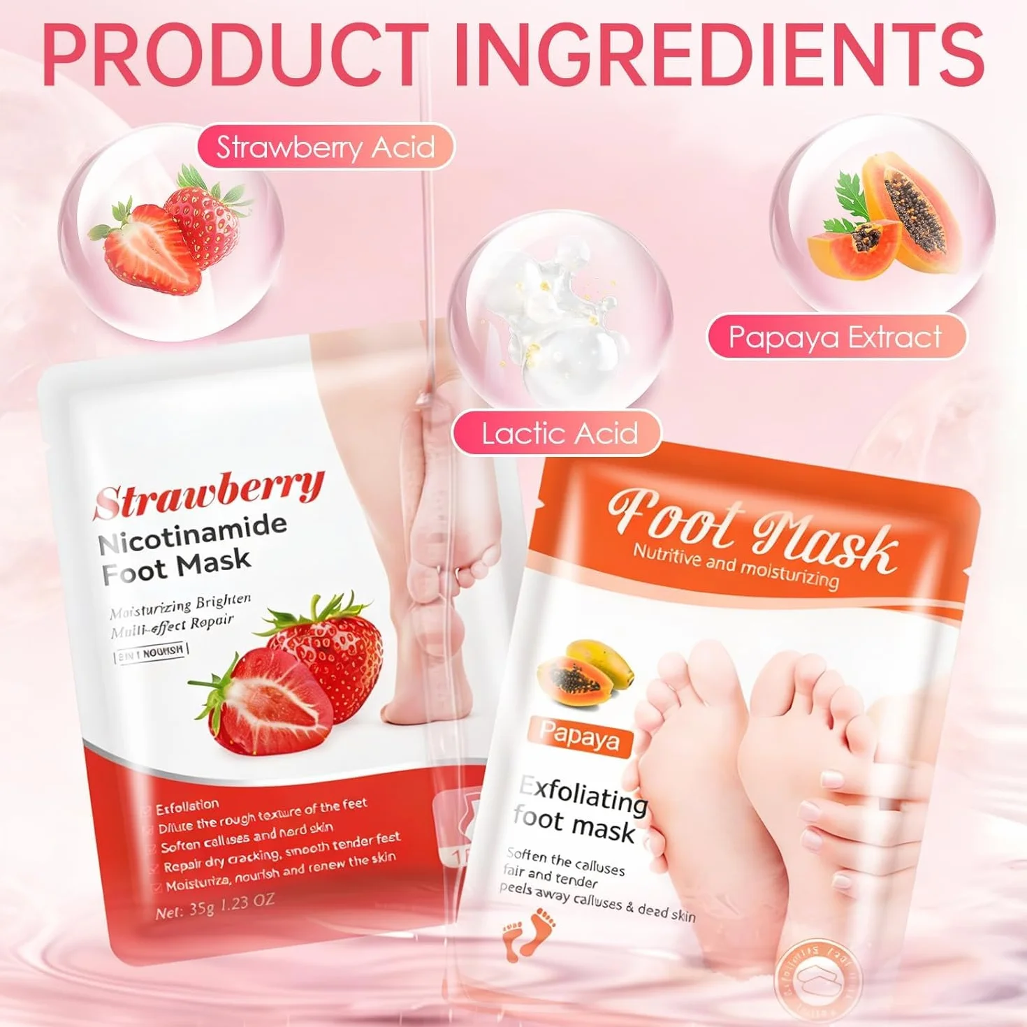Masque Pied Exfoliant 2 Paires, Chaussette Exfoliante Pieds Secs Abîmés, Hydratation Profonde Fraise Papaye