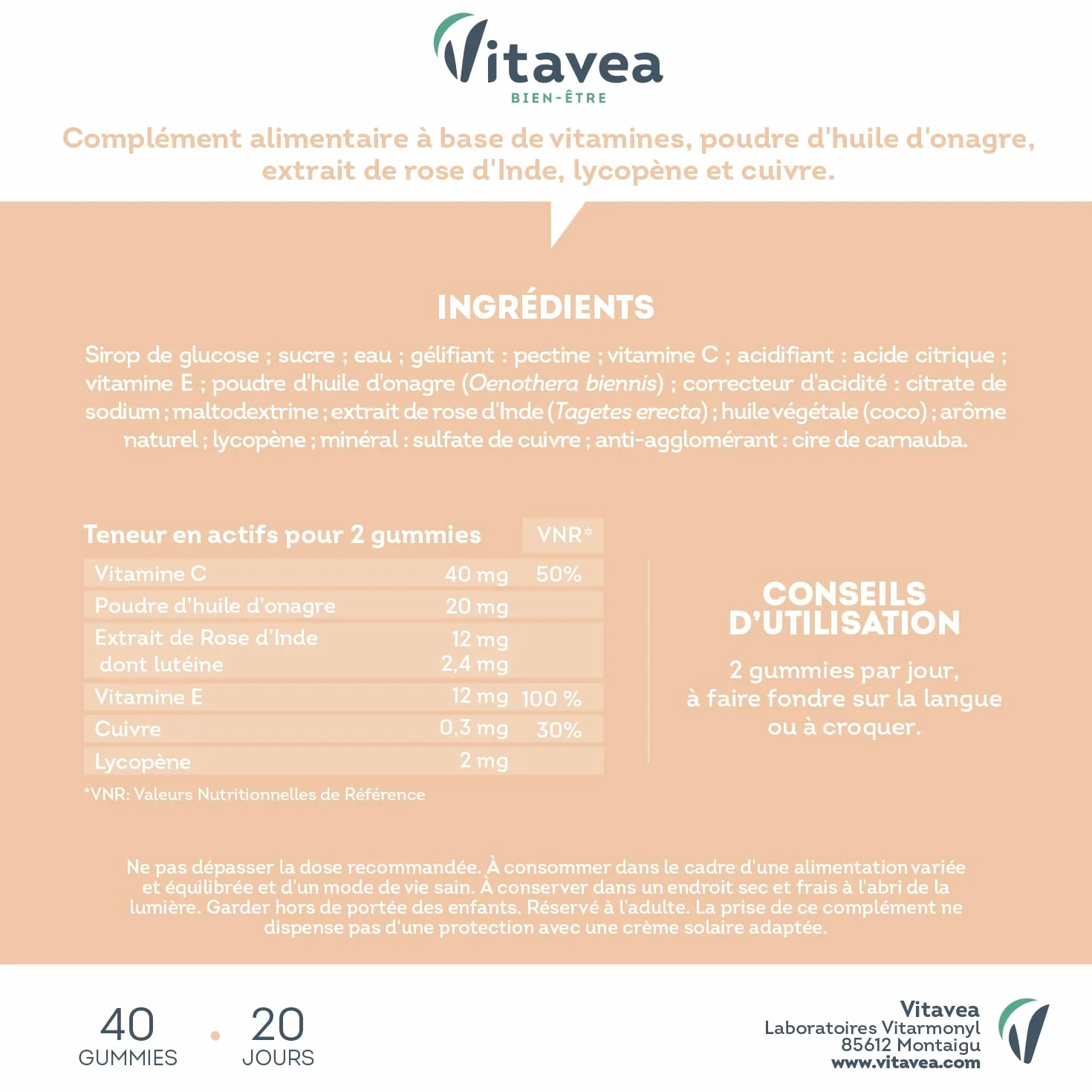 Vitavea Gummies Solaire Bronz'Intense Complément alimentaire Bronzage 40 gummies Vegan