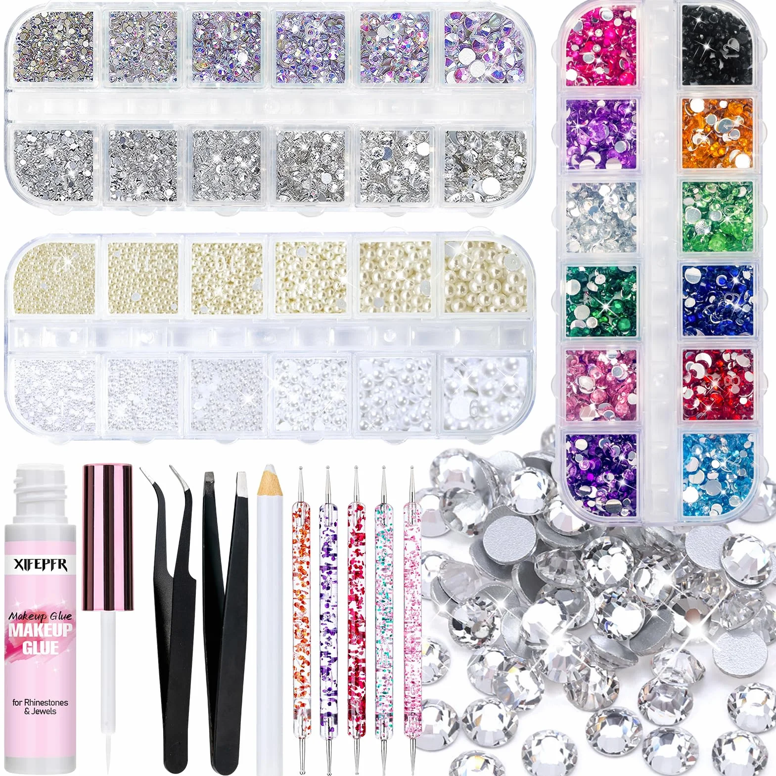 7159pcs visage gemme yeux bijoux strass couleur dos plat perles blanches beiges avec pinces maquillage manucure