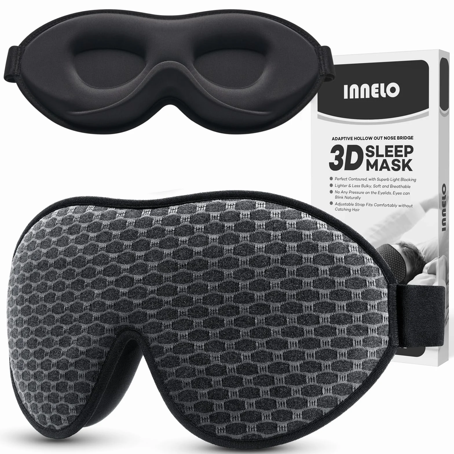 INNELO Masque de Sommeil 3D Anti-Lumière Homme Femme Respirant Confortable Gris