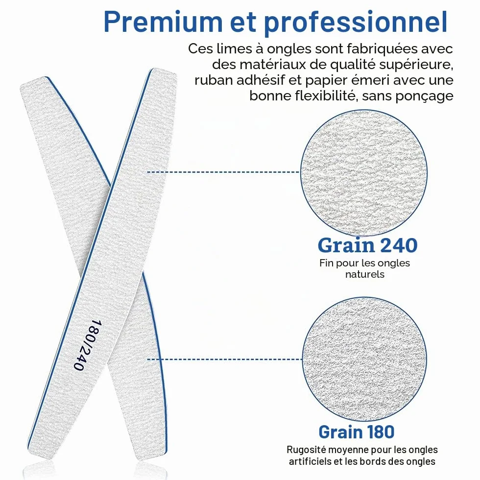 Lime à ongles professionnelle 180/240 Grit, 12Pcs Emery Board, Set lavable réutilisable