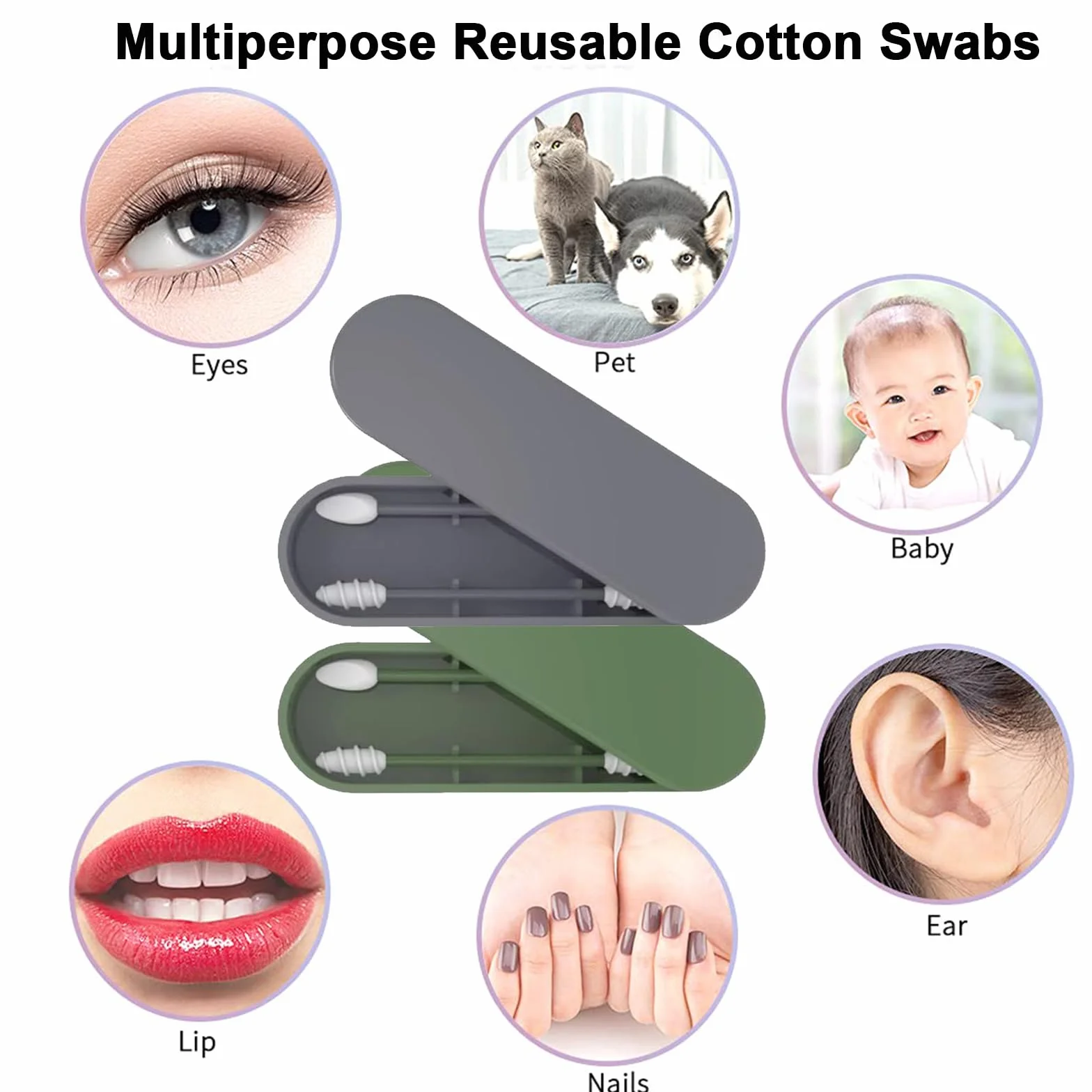 Lot de 4 Coton Tige Réutilisable Double Tête en Silicone Doux Lavable avec Étui pour Nettoyage des Oreilles et Maquillage