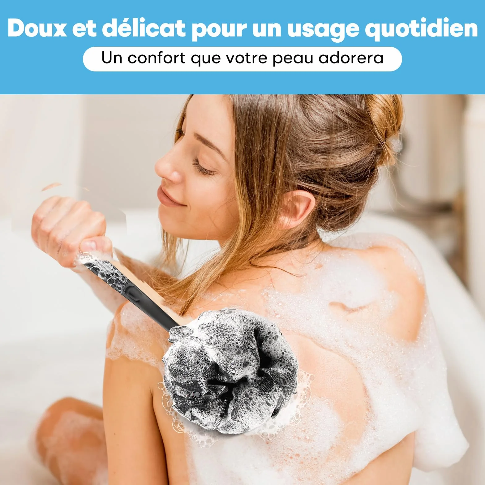 Brosse de douche Loofah avec manche charbon 2 pièces pour exfoliation dos