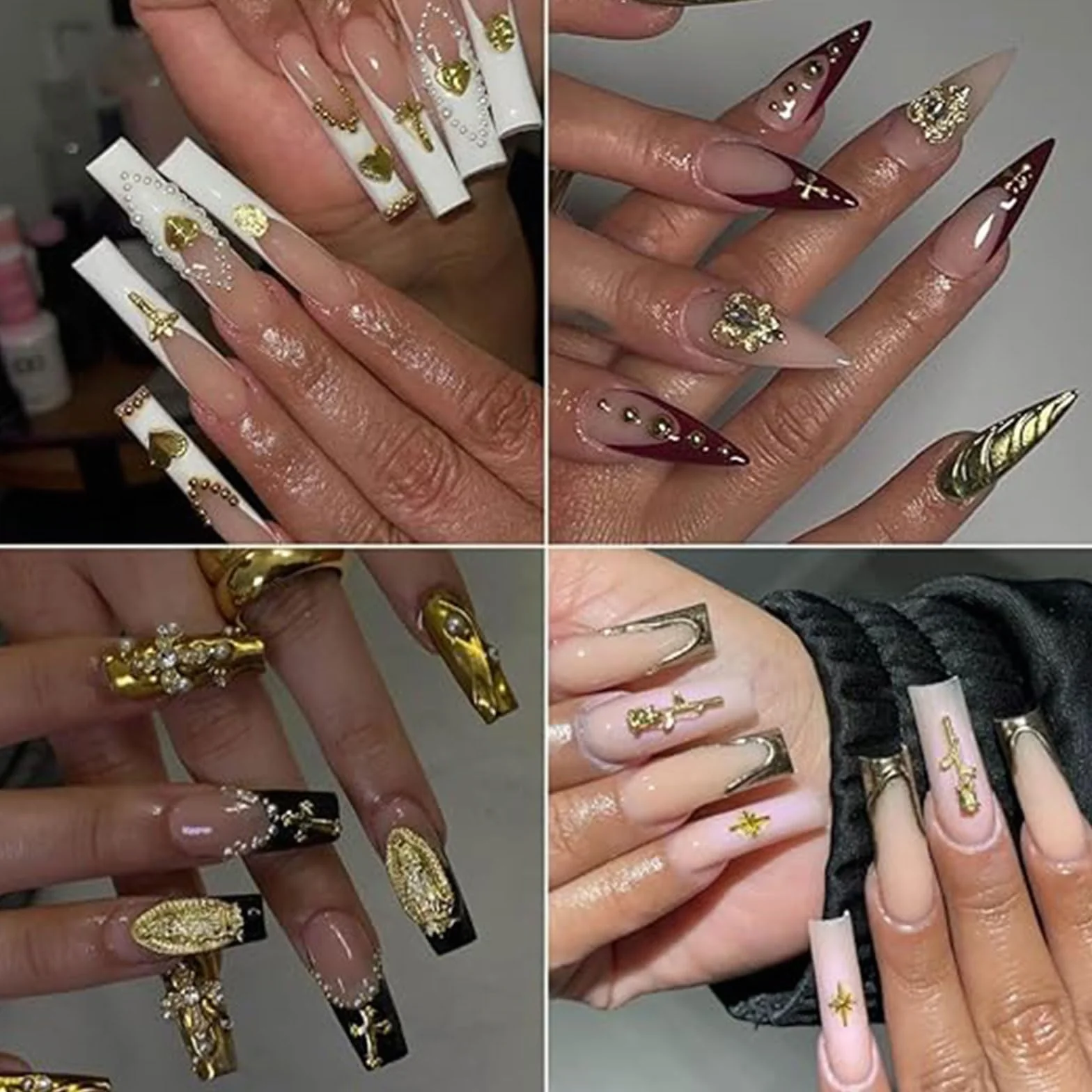 Breloques 3D dorées pour ongles avec strass lot de 88