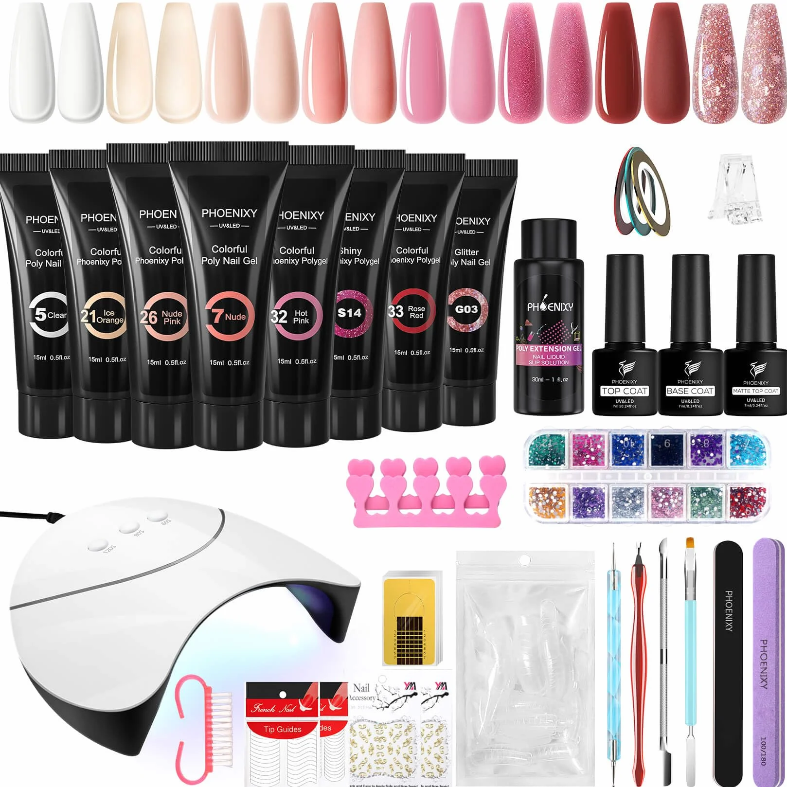 Phoenixy Kit Ongle Gel UV Complet avec 36W Lampe, 8 Couleurs Poly Ongle Gel 15ML, Set de Manucure pour Débutant Gel Construction Ongle U V Kit Nude Rose Marron
