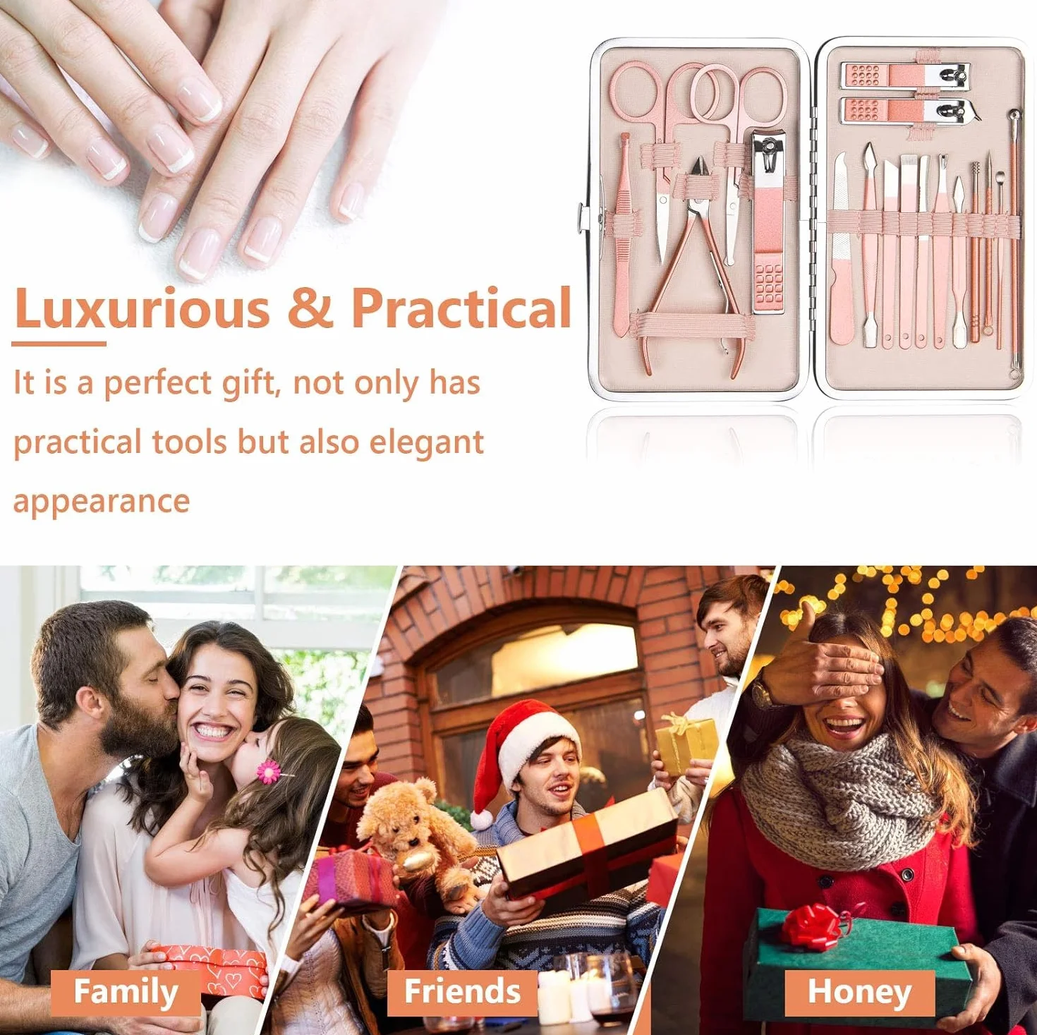 Kit Manucure Pédicure Professionnel 18 Pièces, Coupe-Ongles en Acier Inoxydable avec Boîte de Voyage (Or Rose)