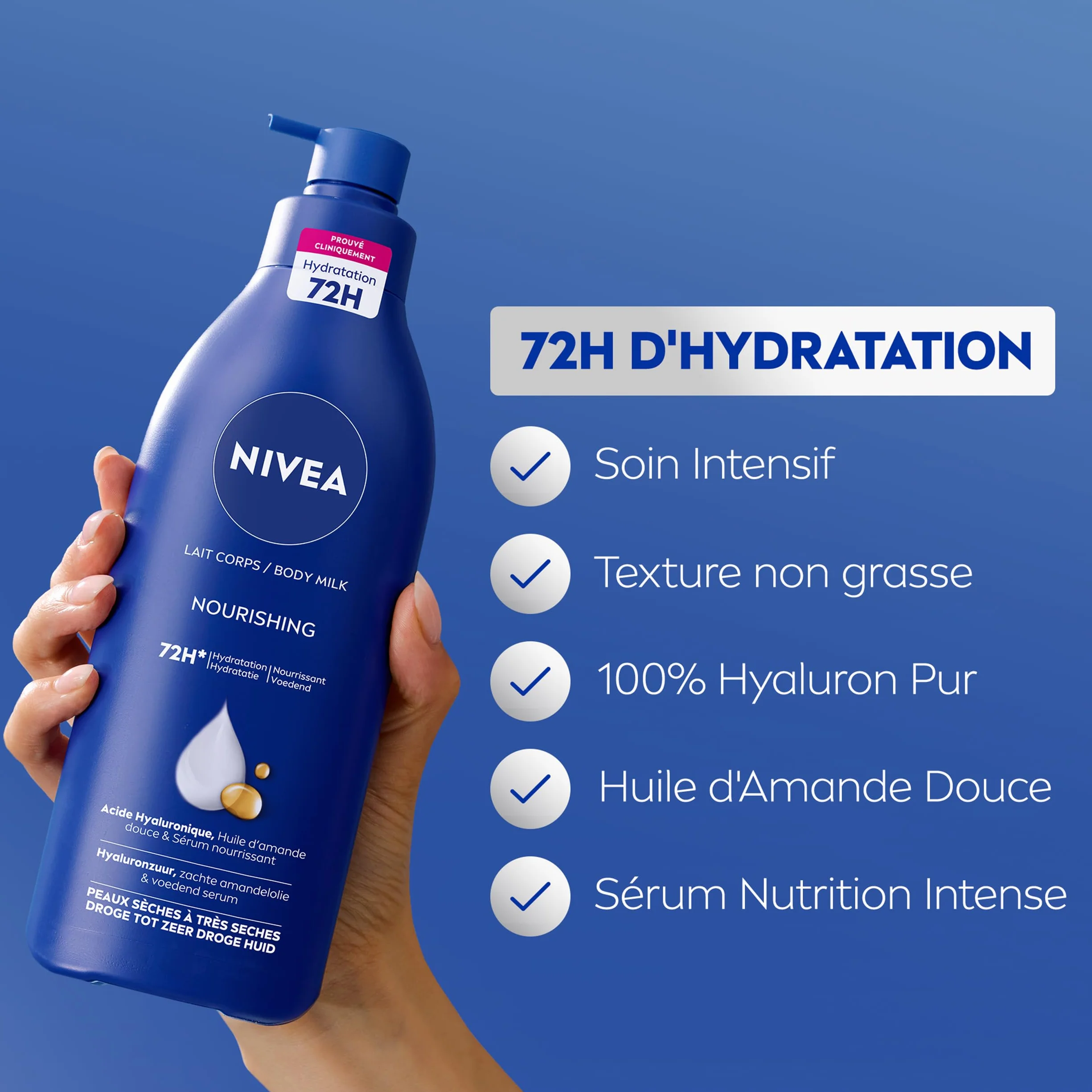 NIVEA Lait Corps Hydratation Intense 72H 625 ml Acide Hyaluronique Huile d'Amande Douce Crème Hydratante Peaux Sèches