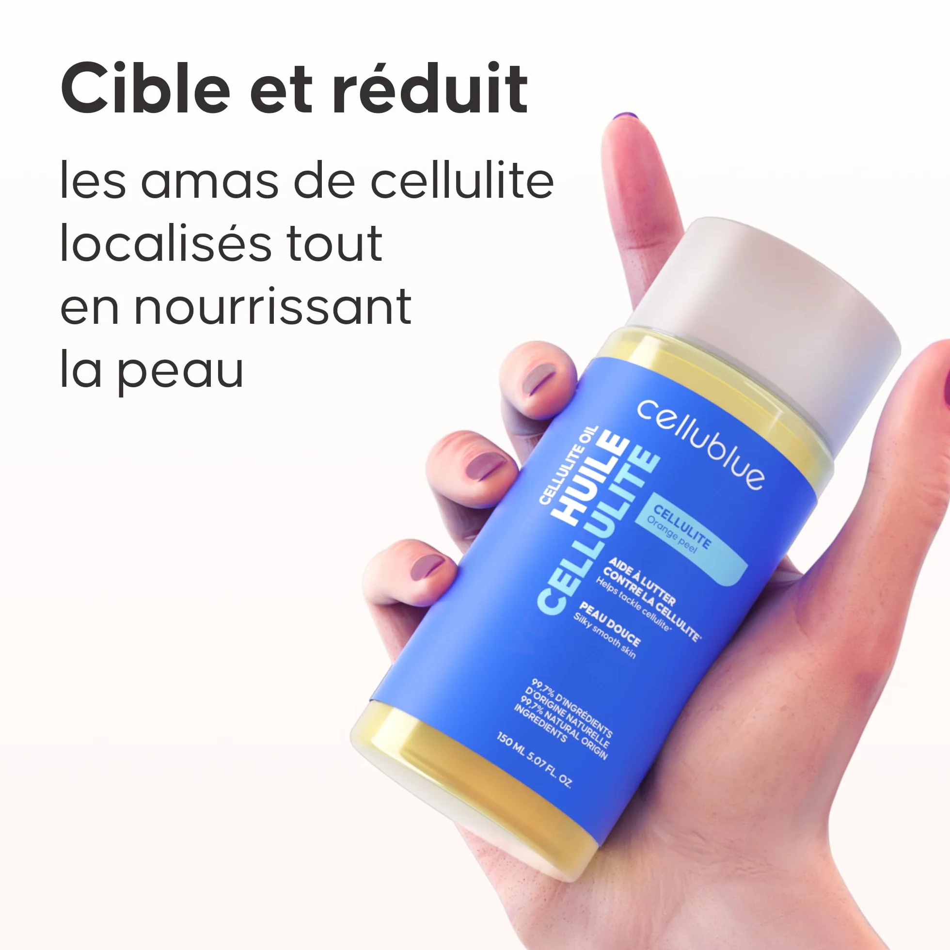 Huile de Massage Anti-Cellulite Cellublue – Nouvelle formule surboostée 4 super-aliments – Naturelle – Palper-Rouler Simplifié