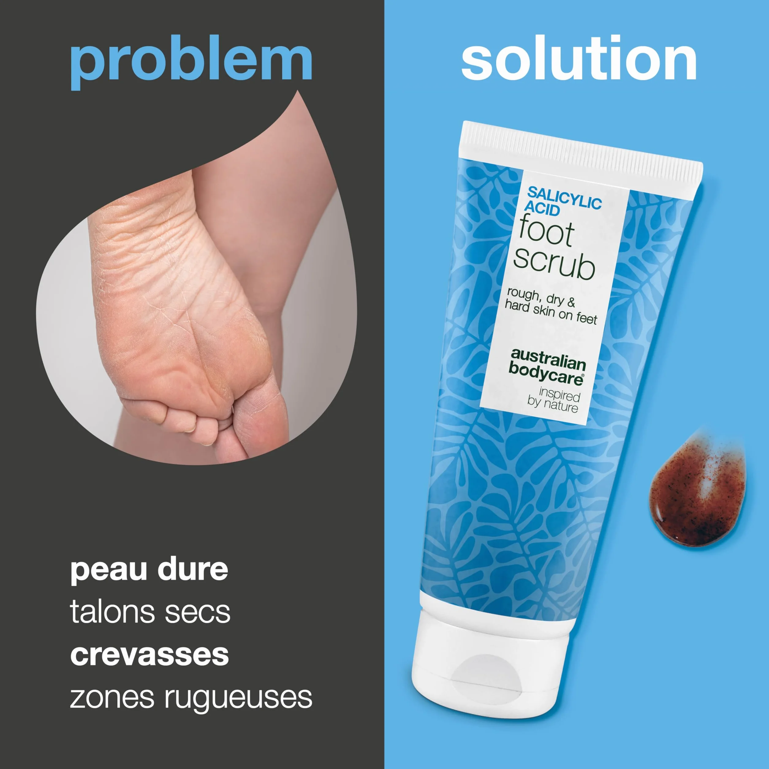 Gommage pied exfoliant crevasse durillon cor AHA BHA acide glycolique acide salicylique graines abricot