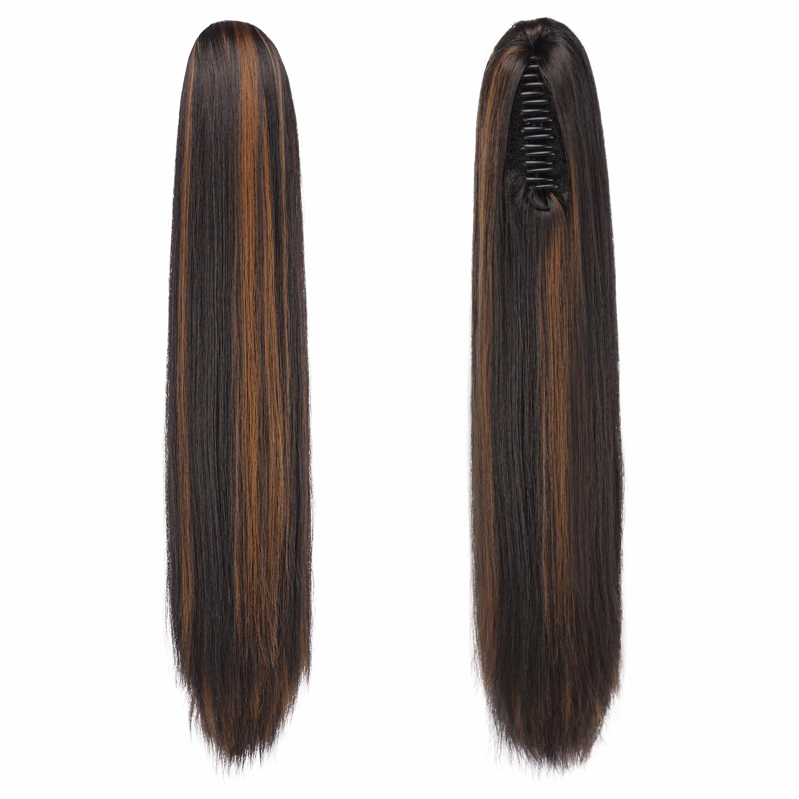 FESHFEN Queue de Cheval Lisse Pince - Postiche Cheveux Naturel Longue Raides Postiches Brun Foncé et Auburn Clair Synthétique Fausse Claw Clip Ponytail Extensions pour Femmes, 63 cm