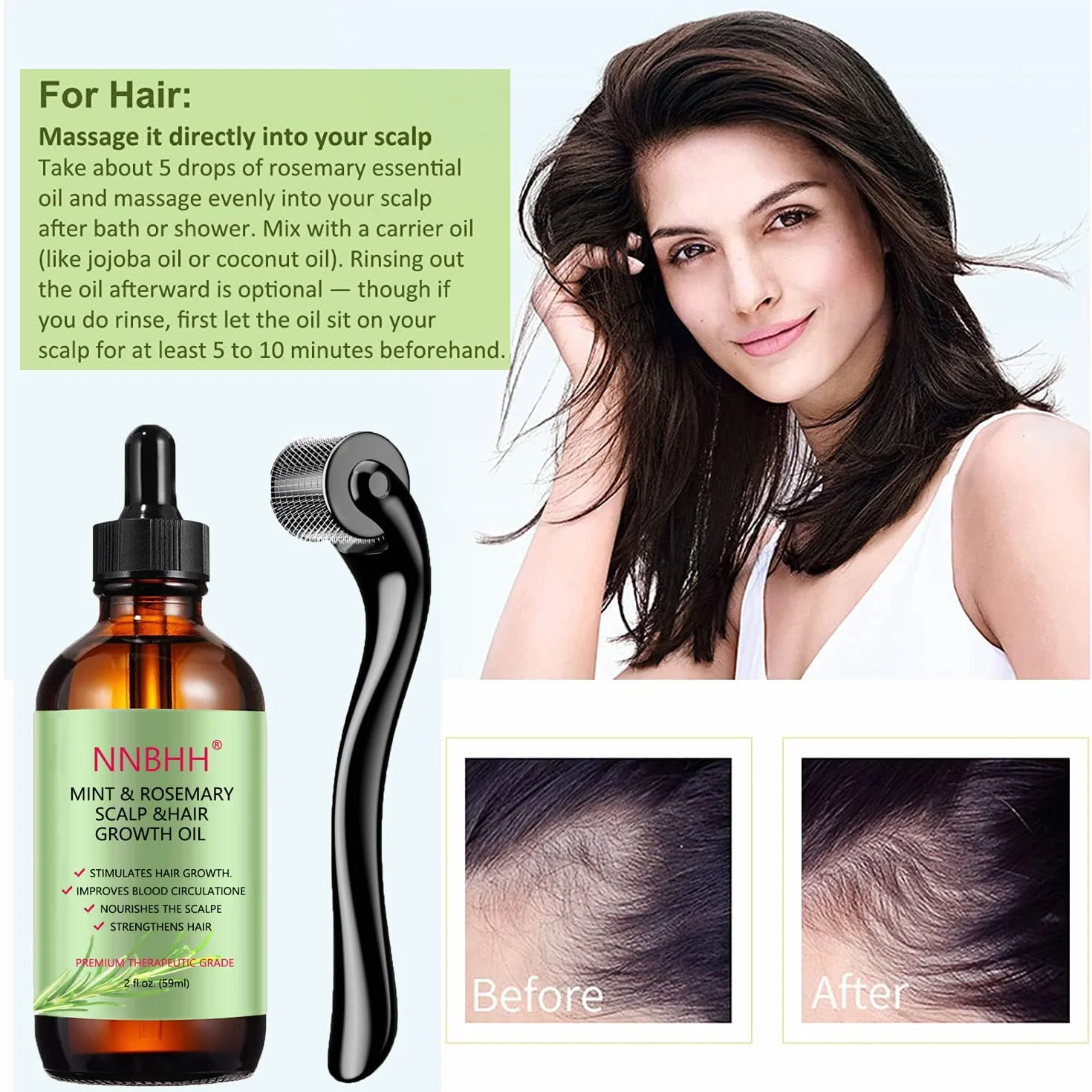 Huile essentielle de Menthe poivrée et Romarin Derma Roller 0.5mm pour croissance cheveux