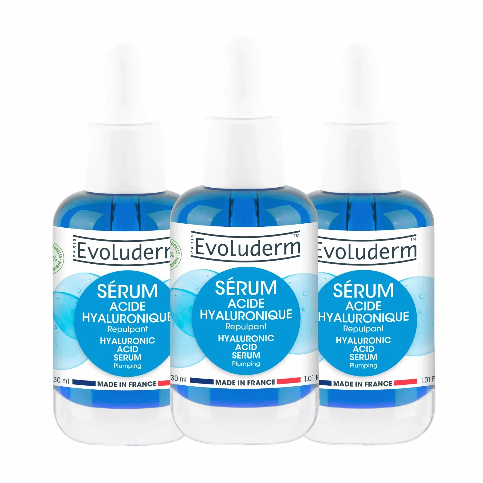 EVOLUDERM - Sérum Acide Hyaluronique - 30ml - 98% d'Ingrédients d'Origine Naturelle - Végan - Lot de 3 x 30ml