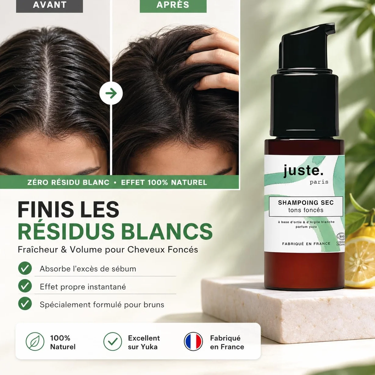 Juste Paris Shampoing Sec Poudre Bio - Cheveux Foncés – Sans Résidus Blancs - Absorbe l’Excès de Sébum & Rafraîchit les Racines – Permet d’espacer les shampoings – Parfum Yuzu - Sans aérosol