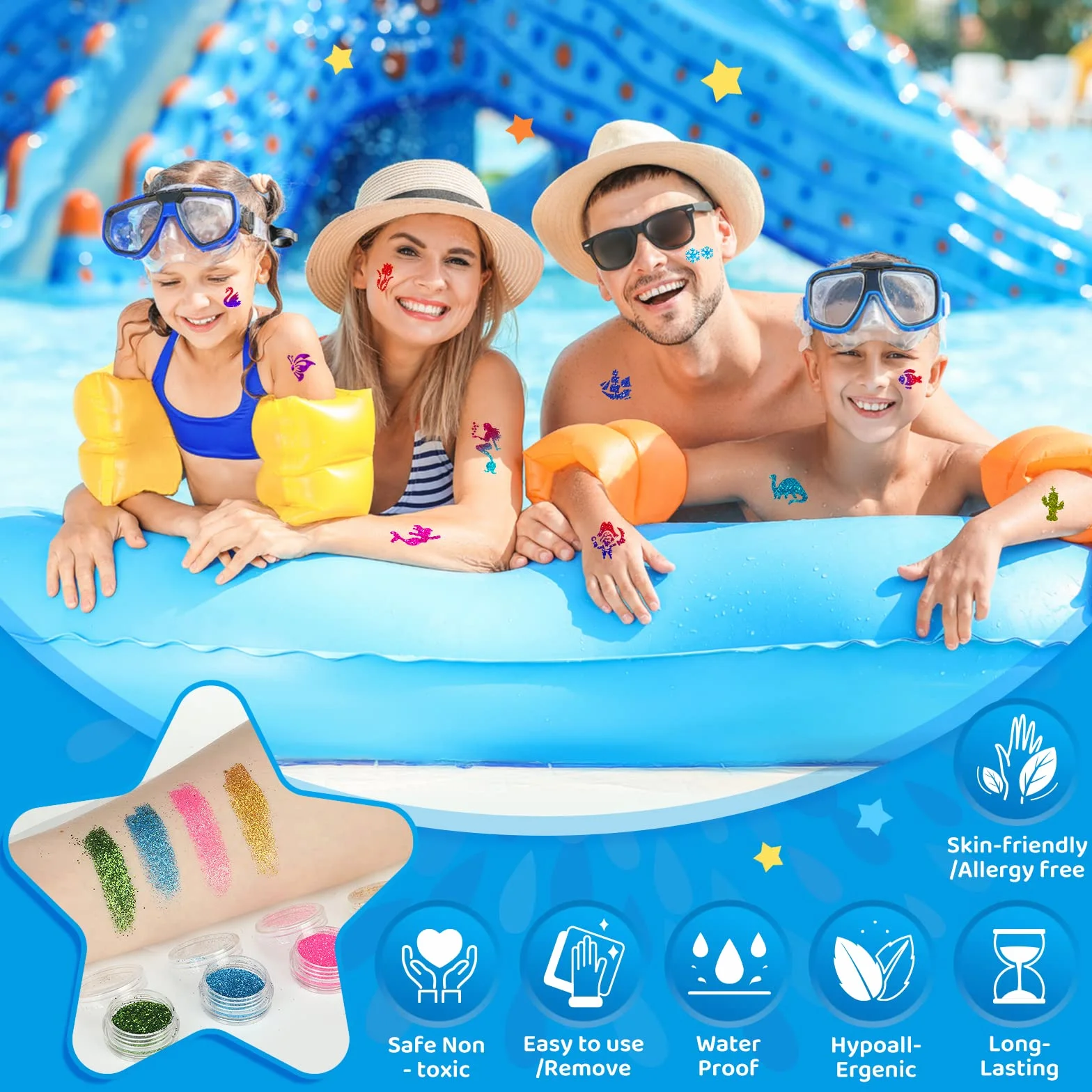 Kit Tatouage Temporaire- Bledras Tatouage Enfant 30 Couleurs, 147 Pochoir Tatouage, 4 Pinceaux- Tatouage Éphémère Imperméable, Coffret Cadeau Garçons Filles, Tatouage Paillettes pour Cosplay, Fête