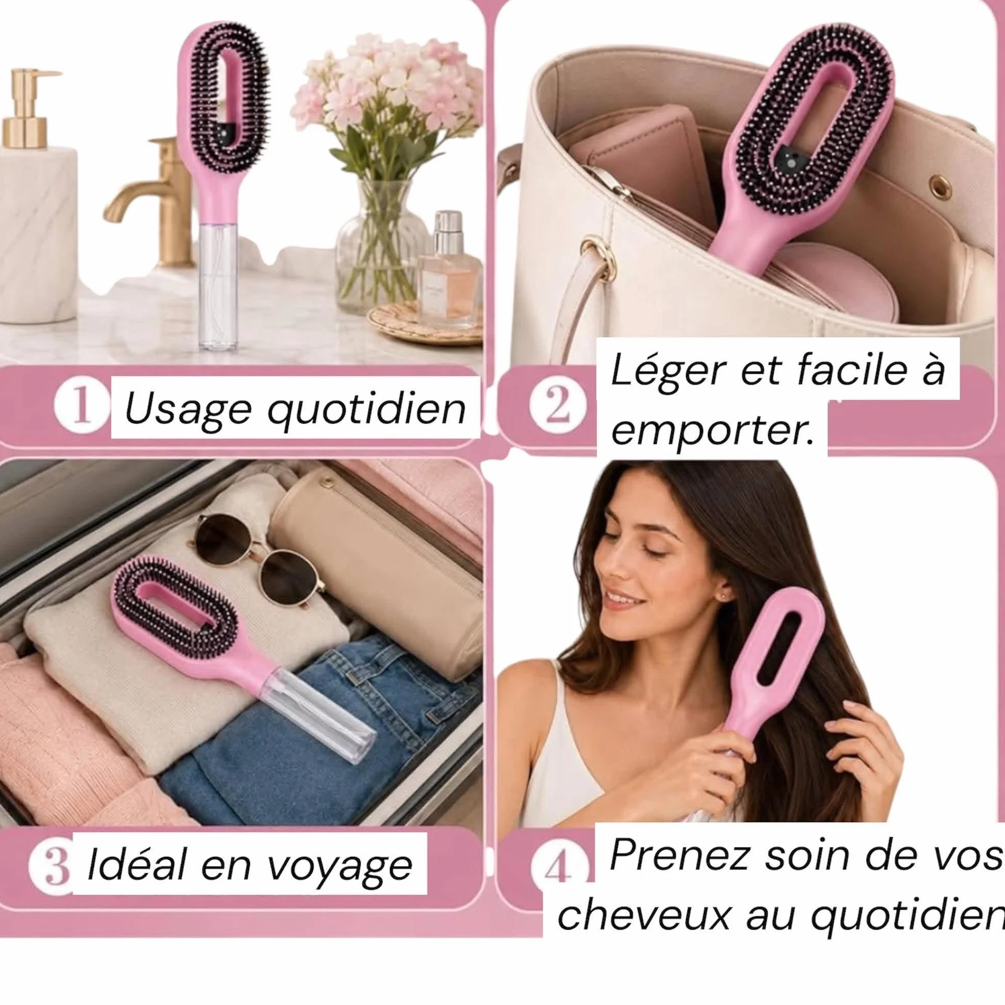Brosse à Cheveux Démêlante Magique avec Spray Intégré, Anti-Statique pour Cheveux Fins et Fragiles, 2-en-1 Vaporisateur Hydratant, Rose