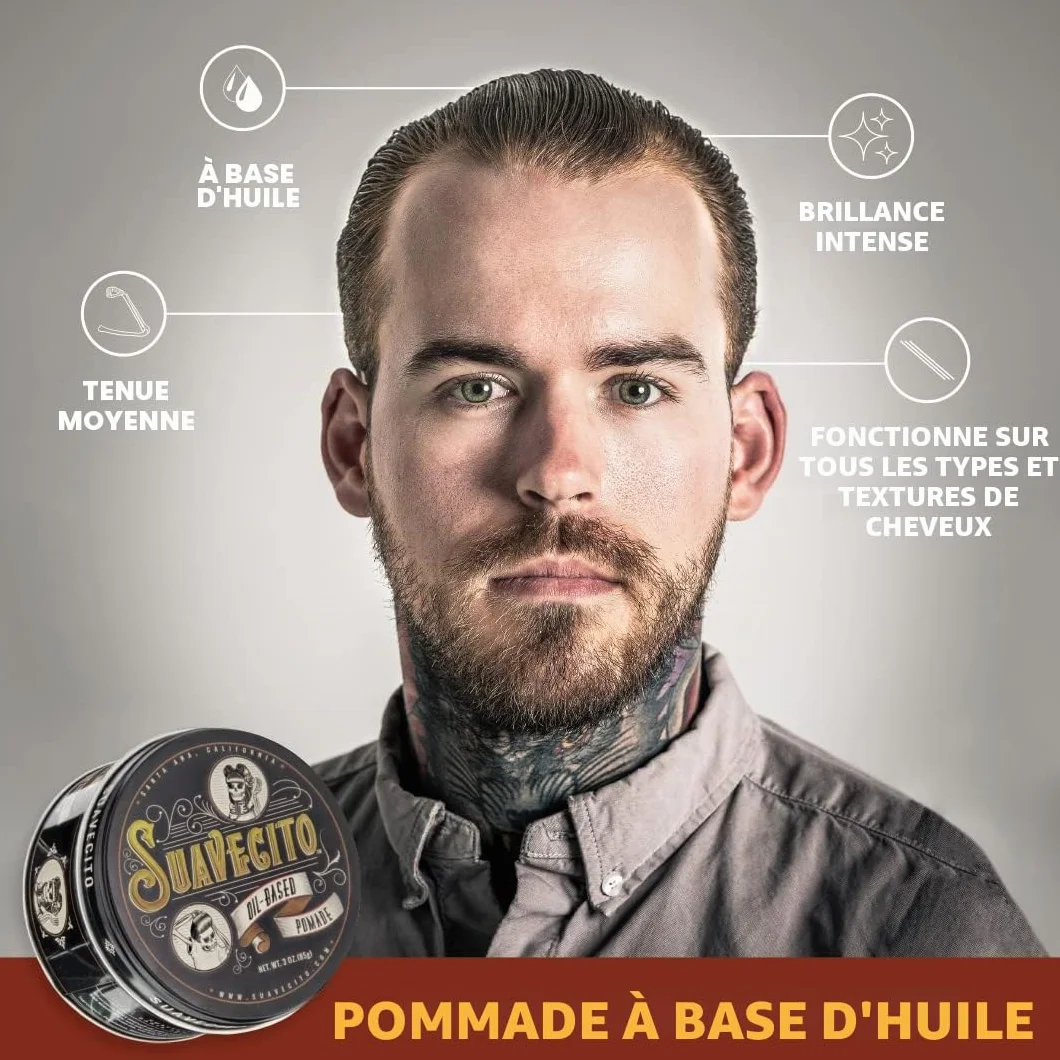 Pommade à base d'huile Suavecito, tenue moyenne et durable, brillance saine, adaptée à tous les types de cheveux, à appliquer sur cheveux mouillés ou secs 3oz/85g