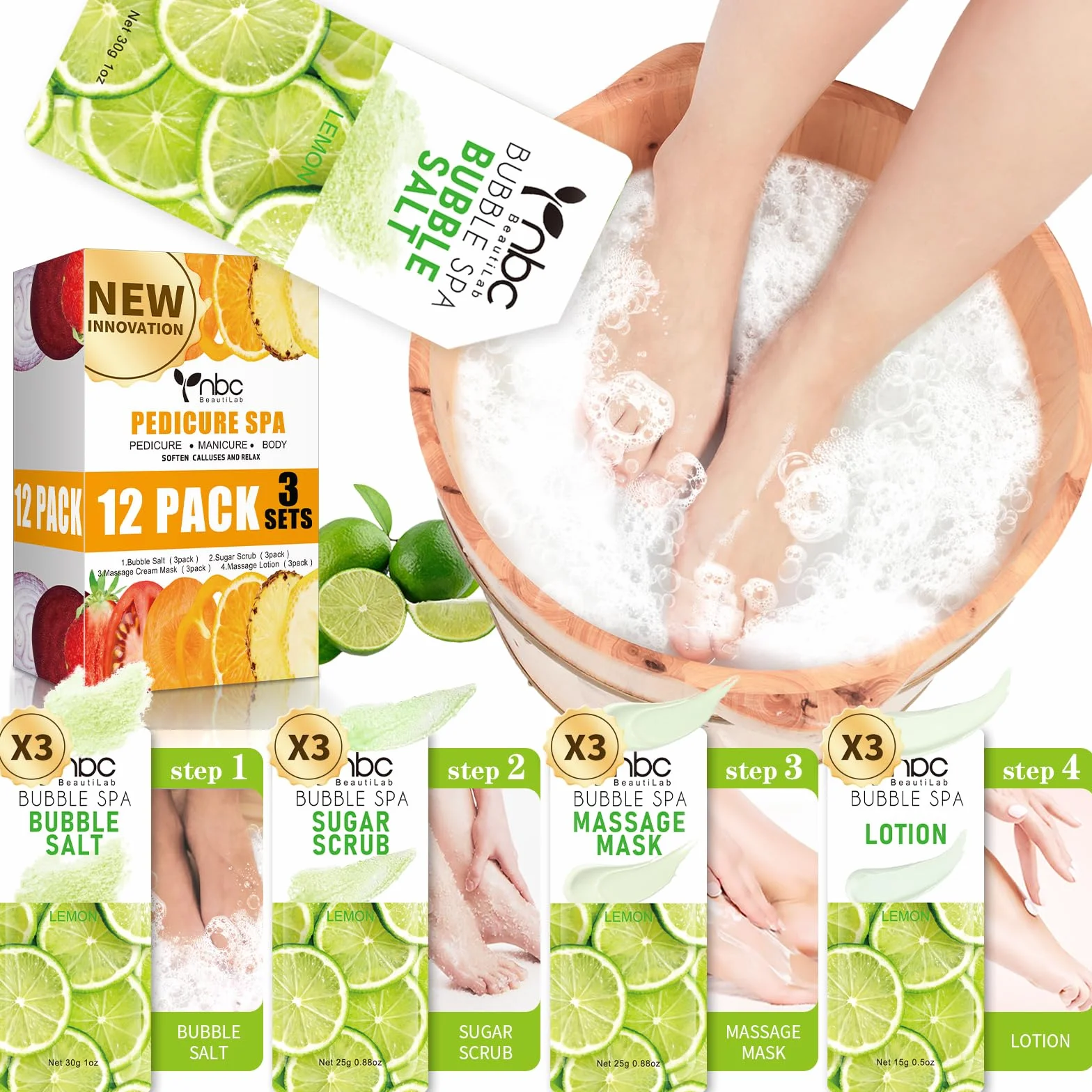 Kit de trempage des pieds : sel bulle, gommage au sucre, masque de massage, lotion de massage dans une boîte, kit spa 4 étapes pour pieds secs, adoucit les callosités, pieds fatigués (3