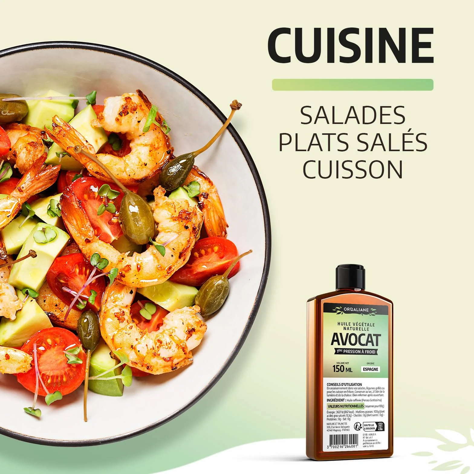 Huile d'Avocat 100% pure 500 ml - Assaisonnement cuisine - Huile corps et cheveux