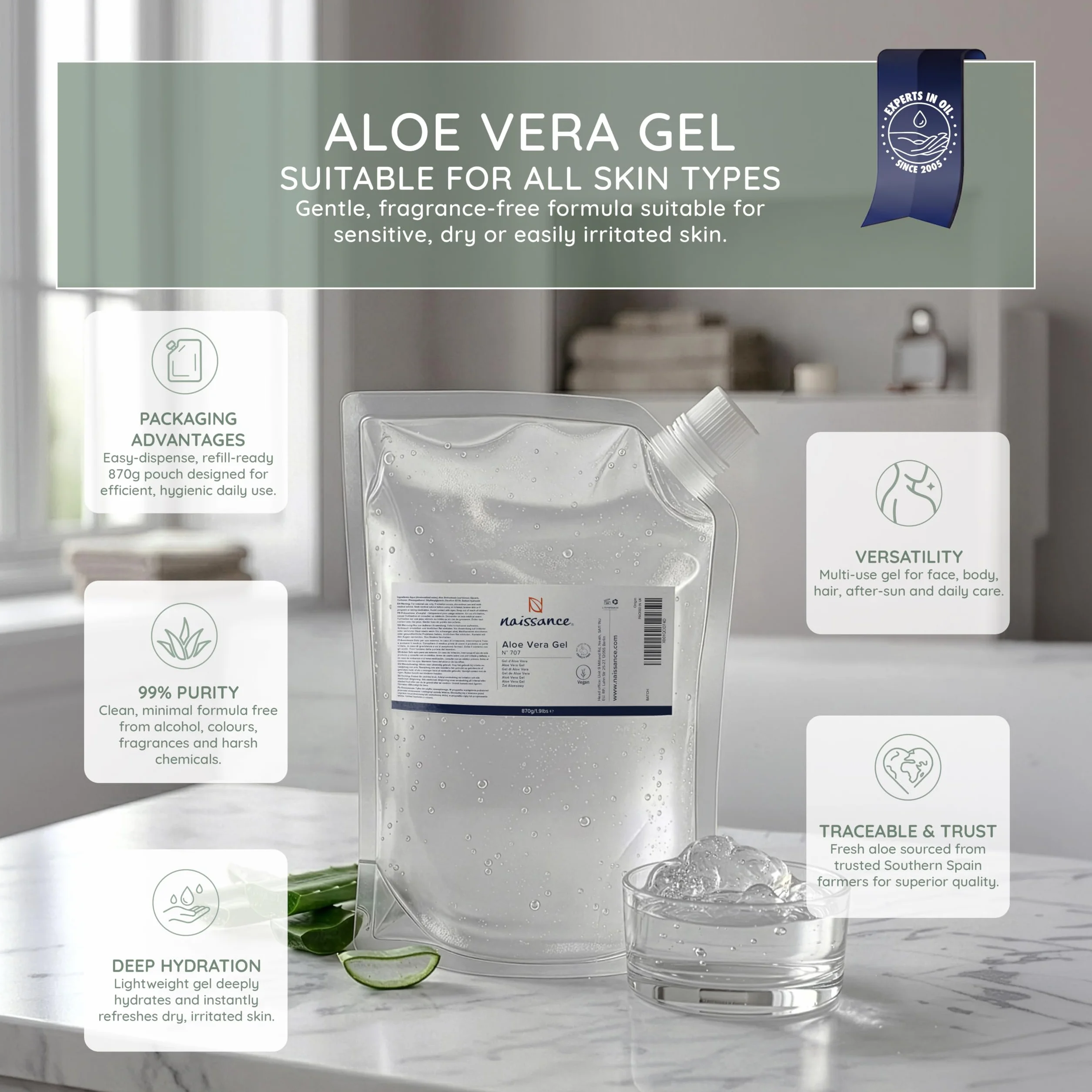 Gel d'Aloe Vera Naissance 870g Sachet recharge vegan non testé sur les animaux