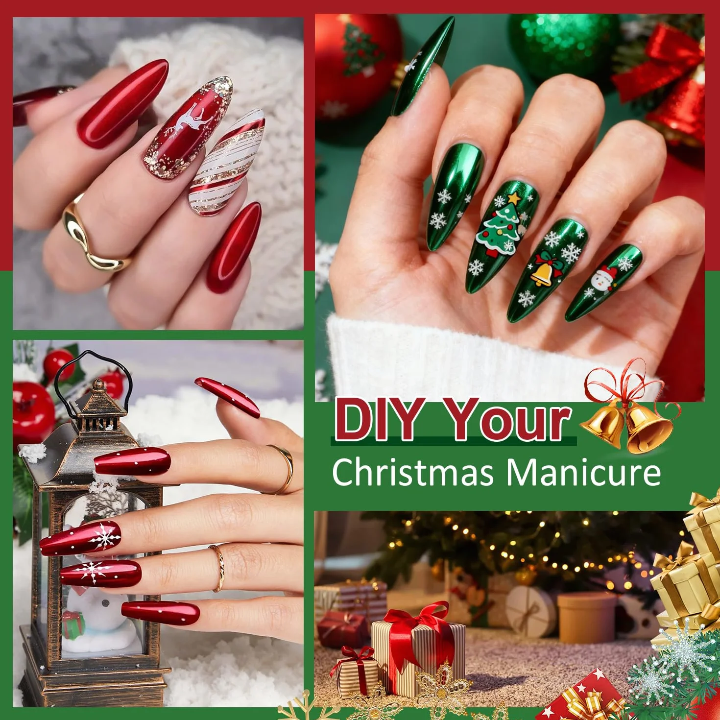 Rouge et Vert Poudre Chrome Ongle Rouge – Poudre Chromée Effet Miroir pour Ongles, Nail Art Chrome Pigment, Christmas Red Nail Powder
