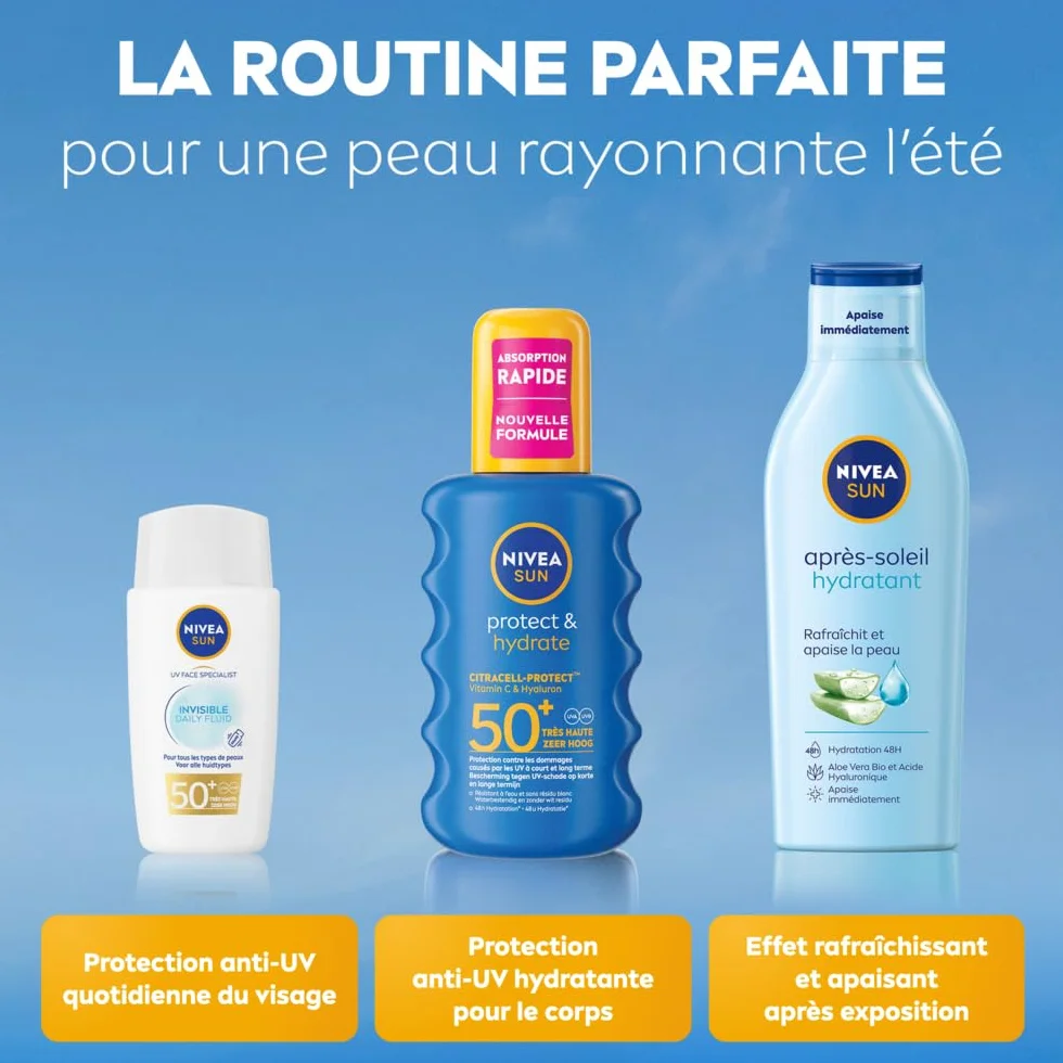 NIVEA SUN Spray Solaire Protect & Hydrate SPF 50+ 200 ml Protection Solaire Haute Protection Visage Corps