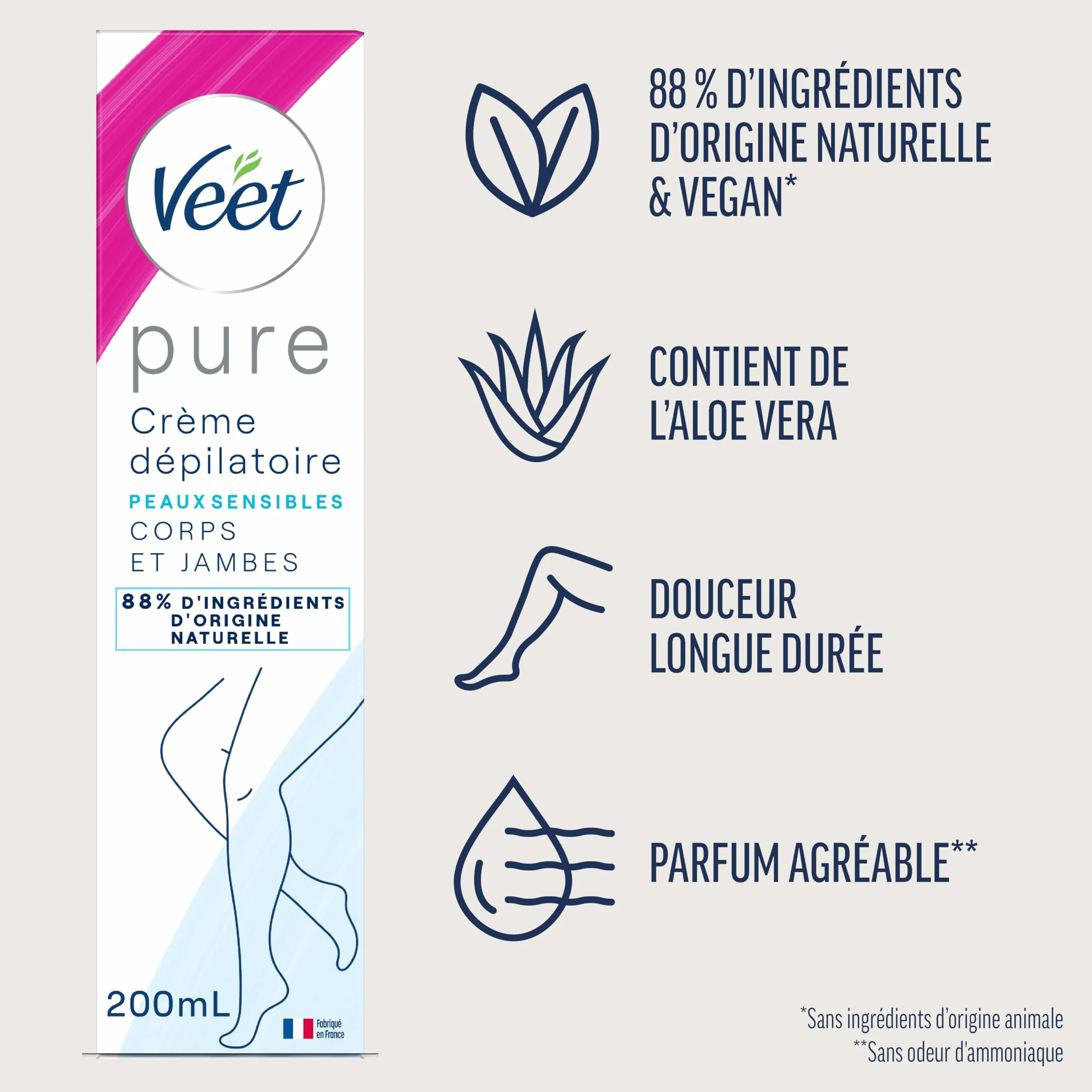 VEET PURE Crème Dépilatoire Corps et Jambes Peaux Sensibles 200ml