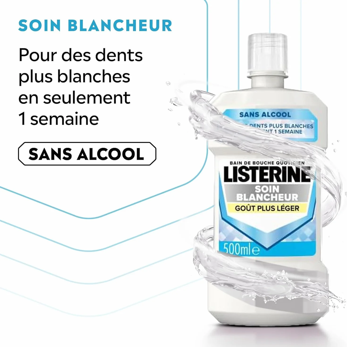 Listerine Bain de Bouche Soin Blancheur Goût Plus Léger 0% alcool Lot de 3 x 500 ml Menthe Douce Sans Alcool