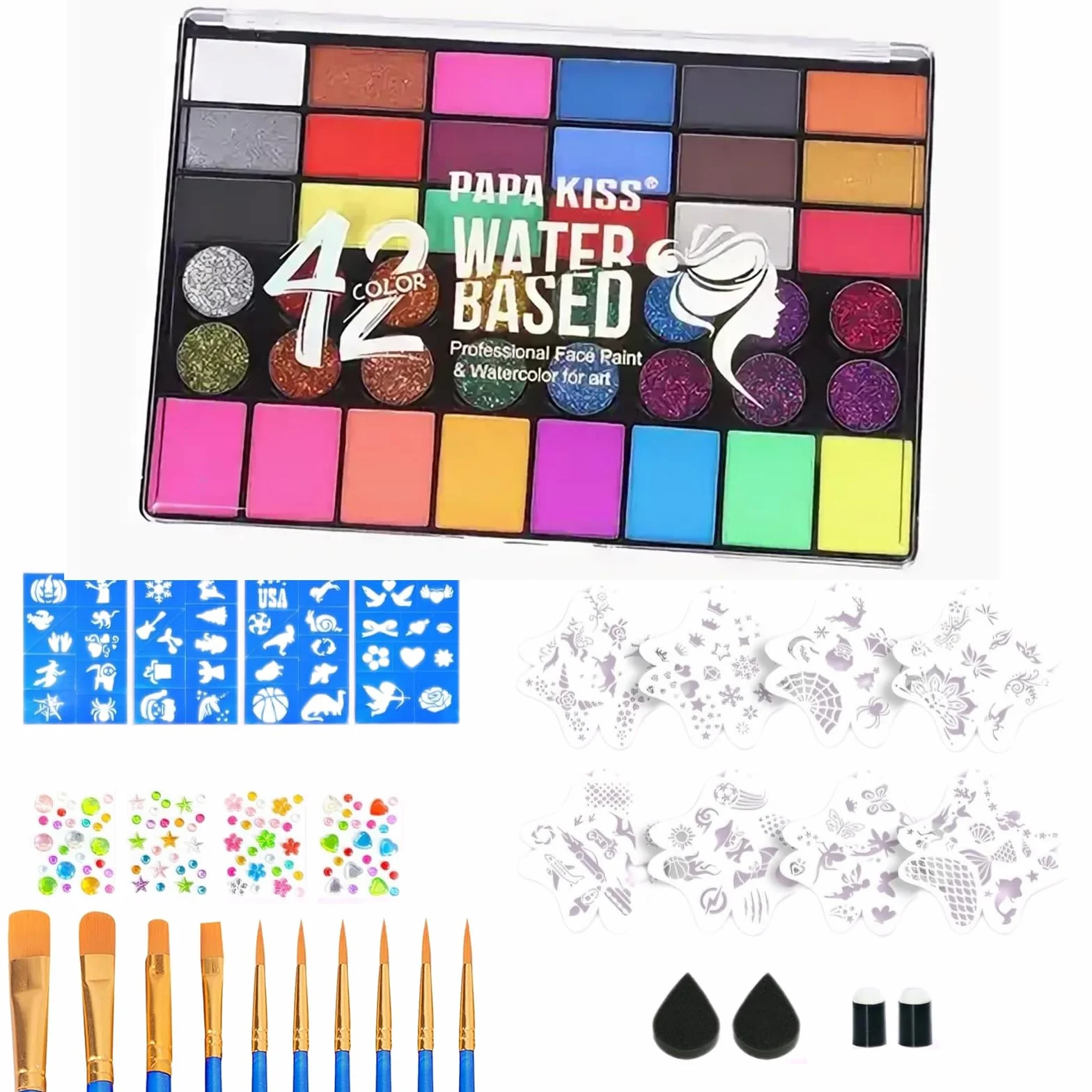 Palette Maquillage Enfant 42 Couleurs, Peinture Corporelle Visage avec 10 Pinceaux, 8 Pochoirs, 4 Éponges, Autocollants & Strass, Idéal Carnaval, Anniversaire, Halloween