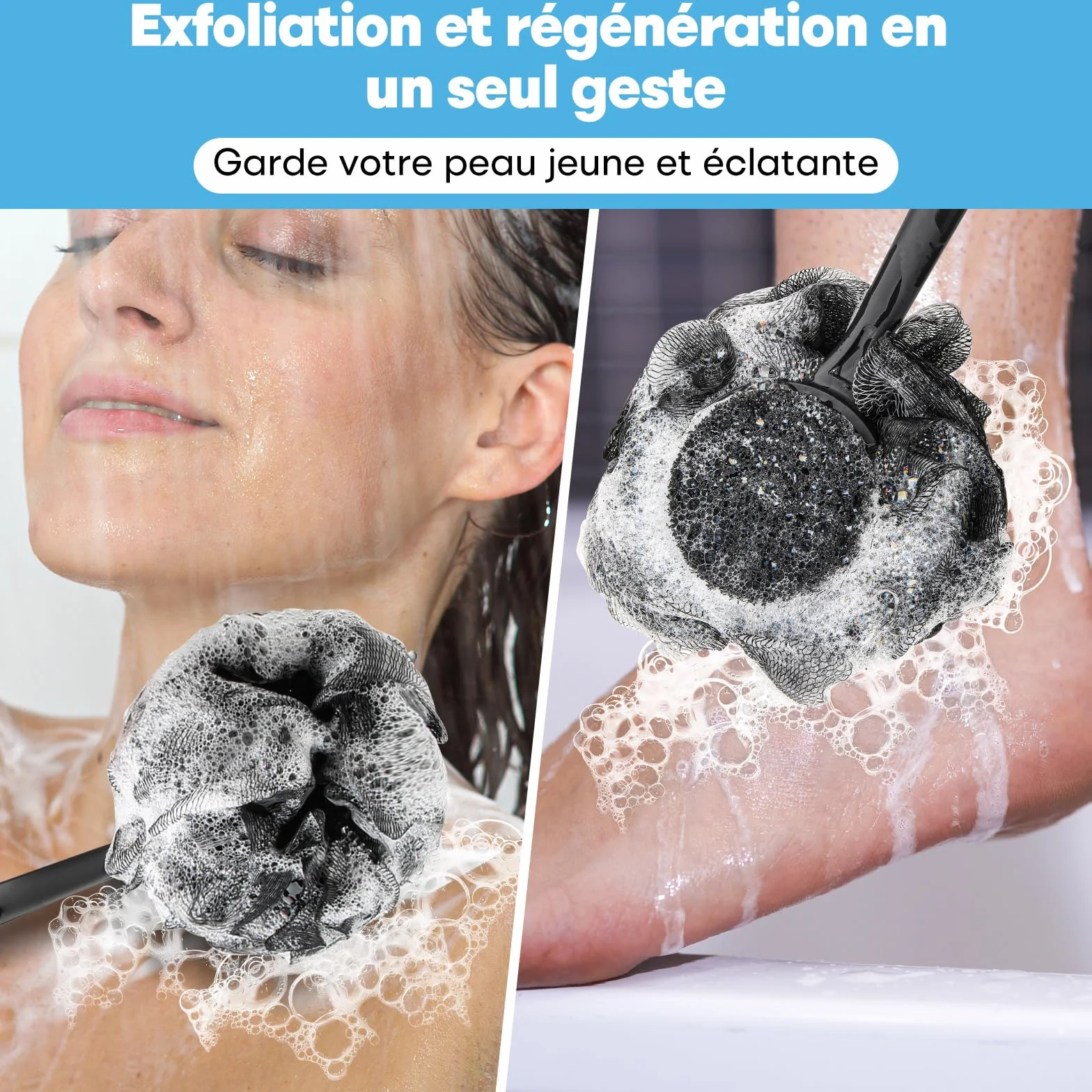 Brosse de douche Loofah avec manche charbon 2 pièces pour exfoliation dos