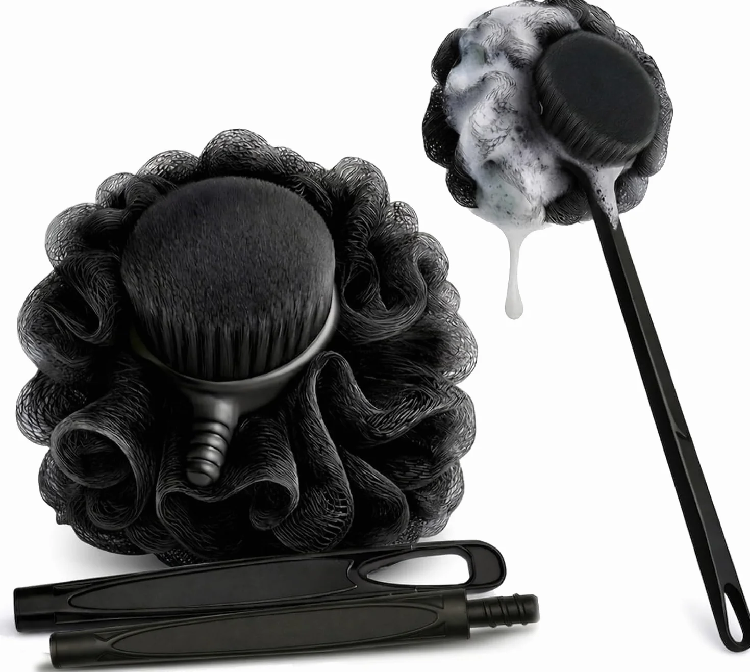 Brosse de douche Loofah avec manche charbon 2 pièces pour exfoliation dos