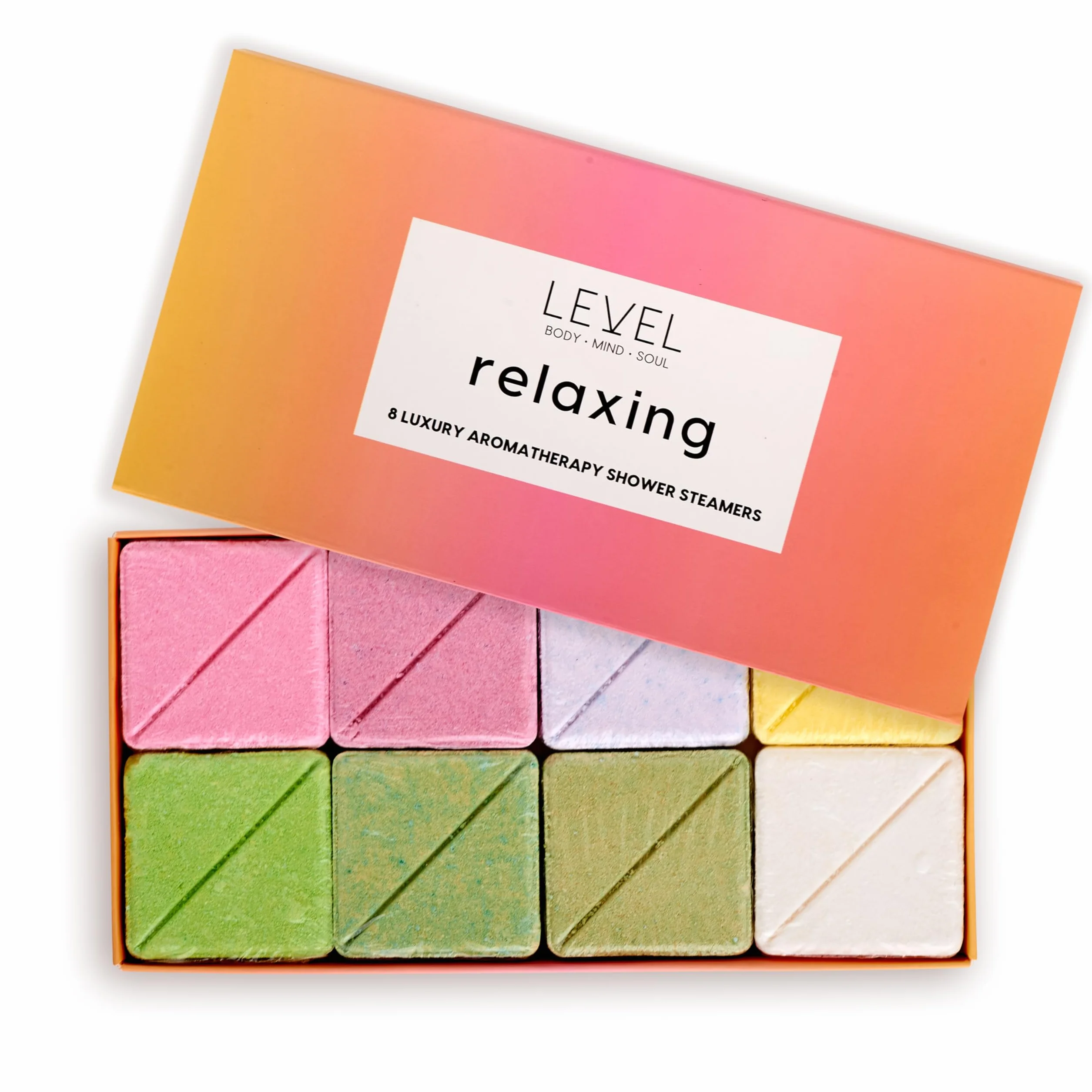 Level Body Mind Soul Vapeurs de Douche pour Aromathérapie 8 Pack Bombes de Douche Relaxation Body Restore