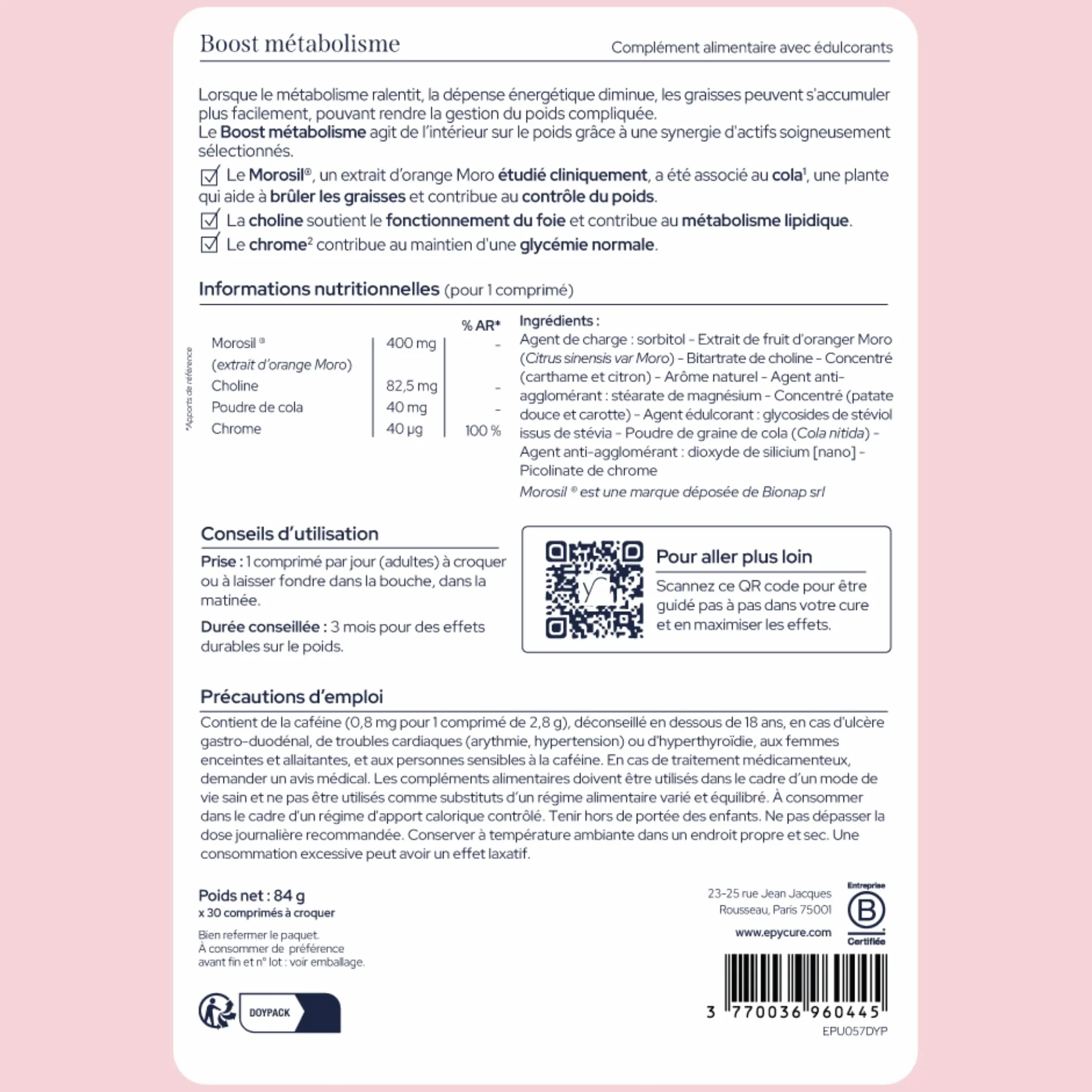 EPYCURE Boost Métabolisme Morosil 400mg 87% Naturel Équilibre Énergétique Orange Moro Cola Chrome Choline Goût Pêche 1 Mois Vegan