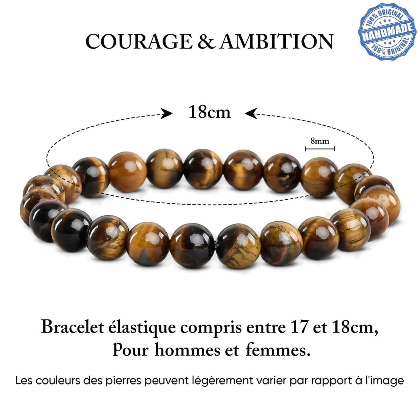 VERTIGE Bracelet Œil de Tigre 8mm Minérales Lithothérapie Ambition Confiance